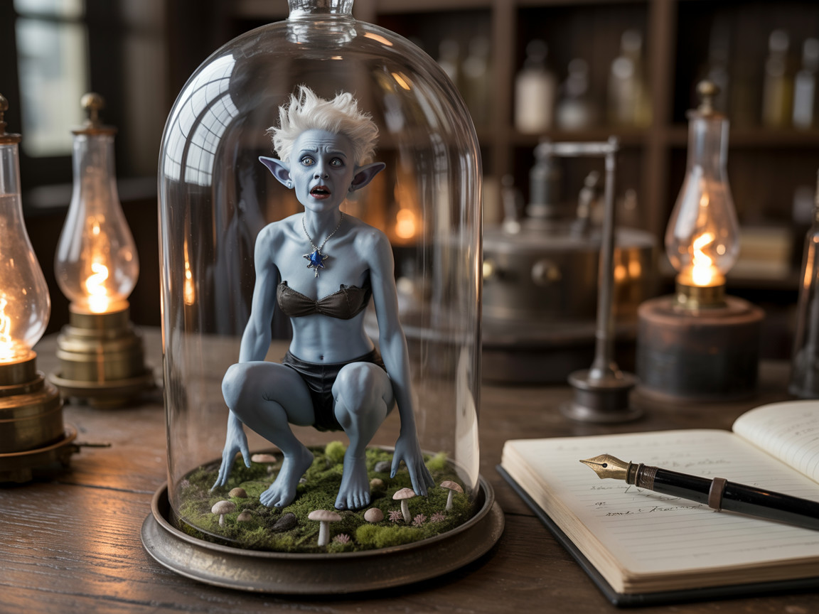 Whimsical Blue-Skinned Creature Under Glass Dome
