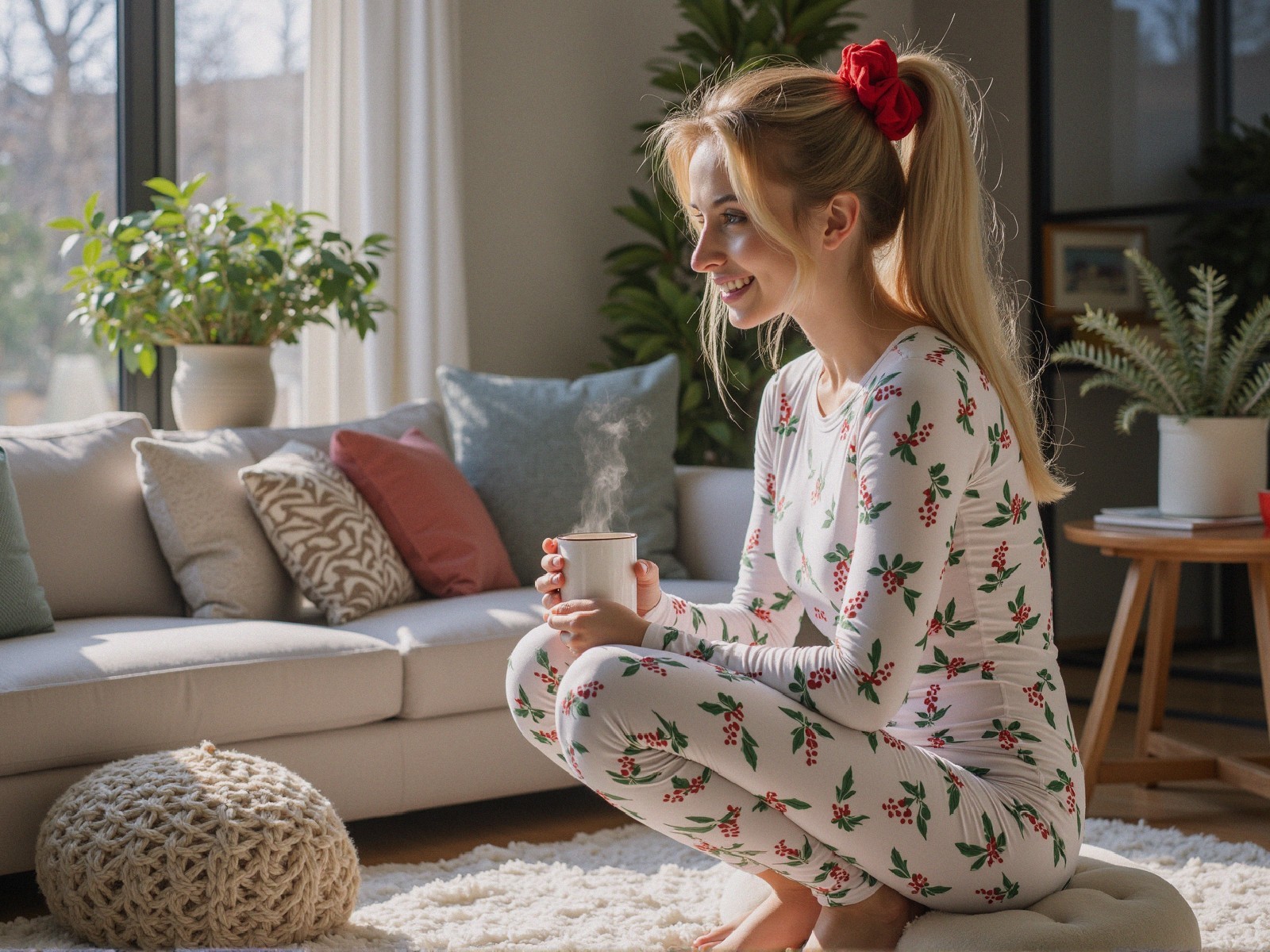 Cozy Living Room Scene with Young Woman and Tea