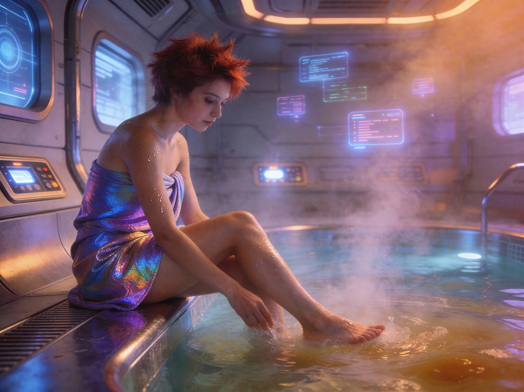 Anime woman in futuristic hot tub with data displays