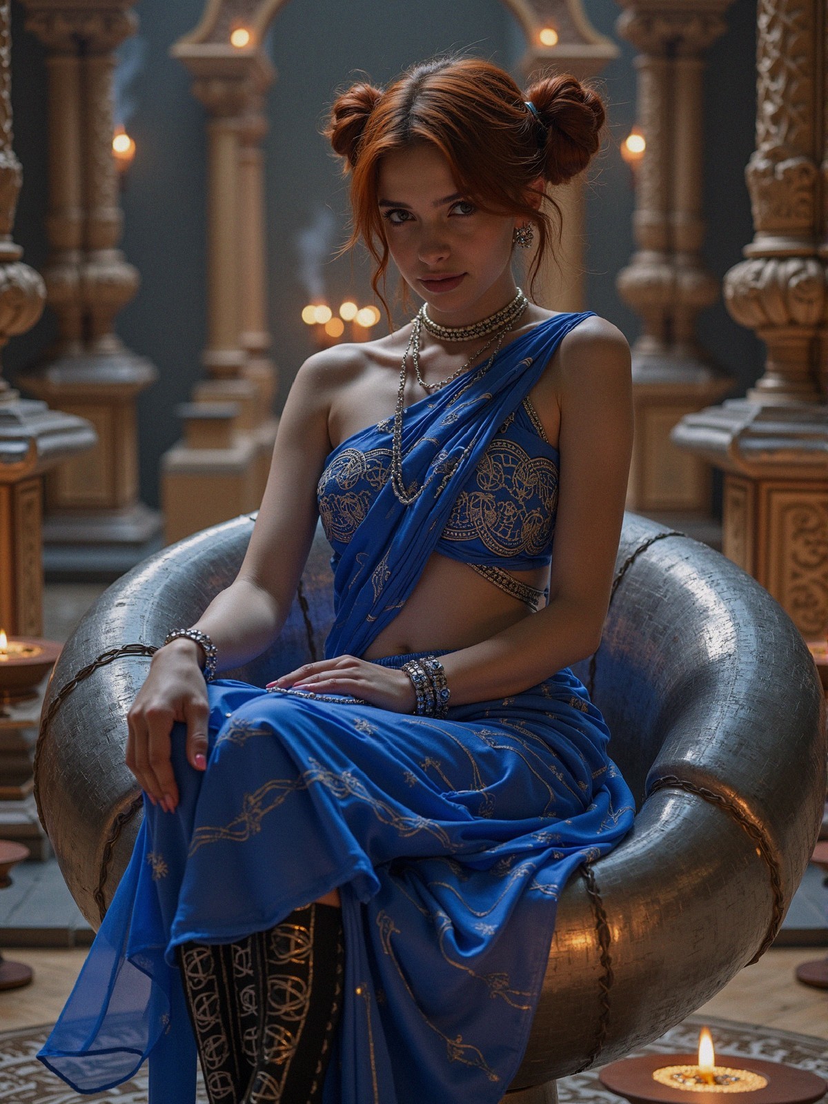 Young woman in blue saree seated in a decorative setting