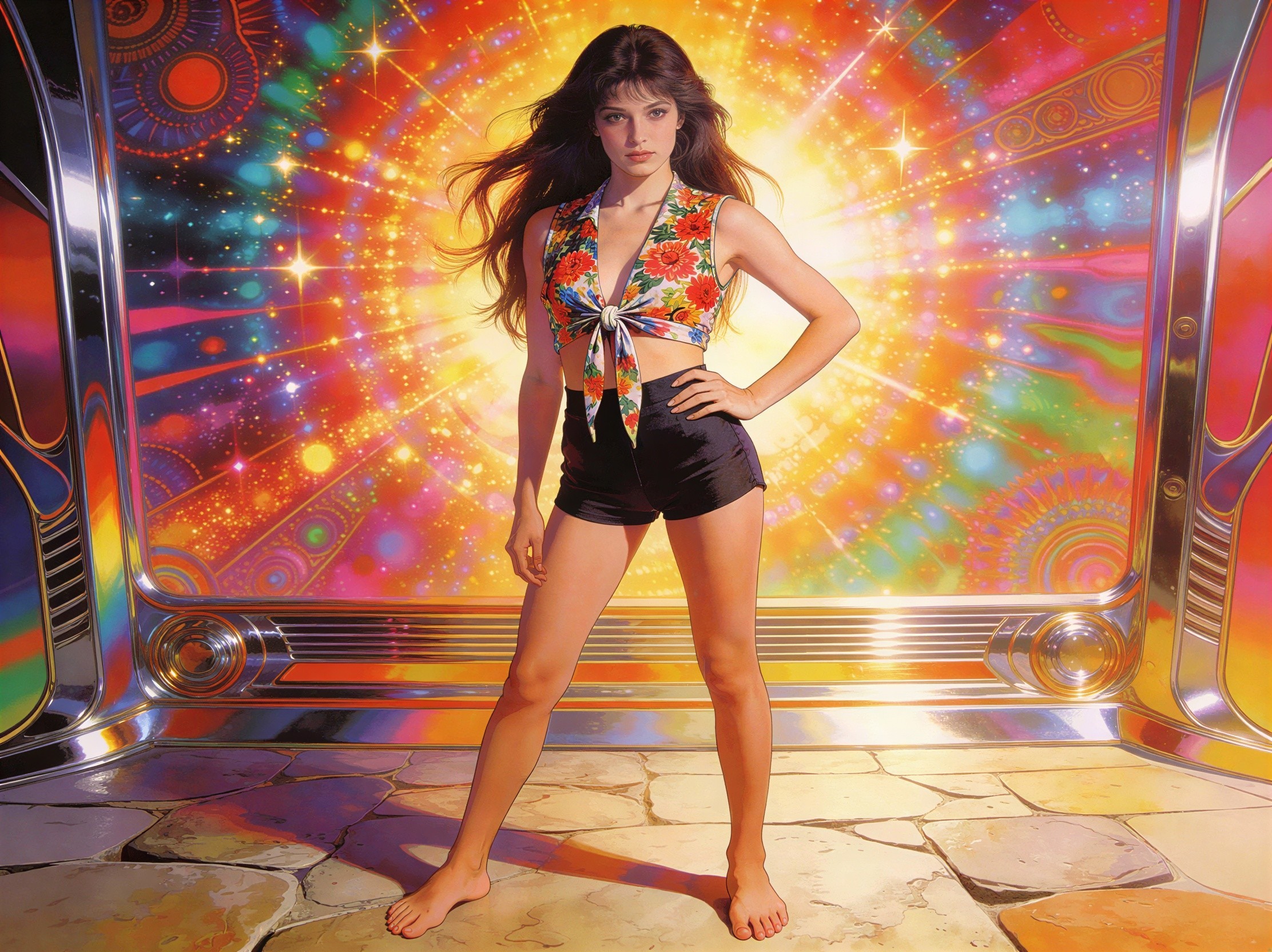 Young Woman in Floral Crop Top and Black Shorts