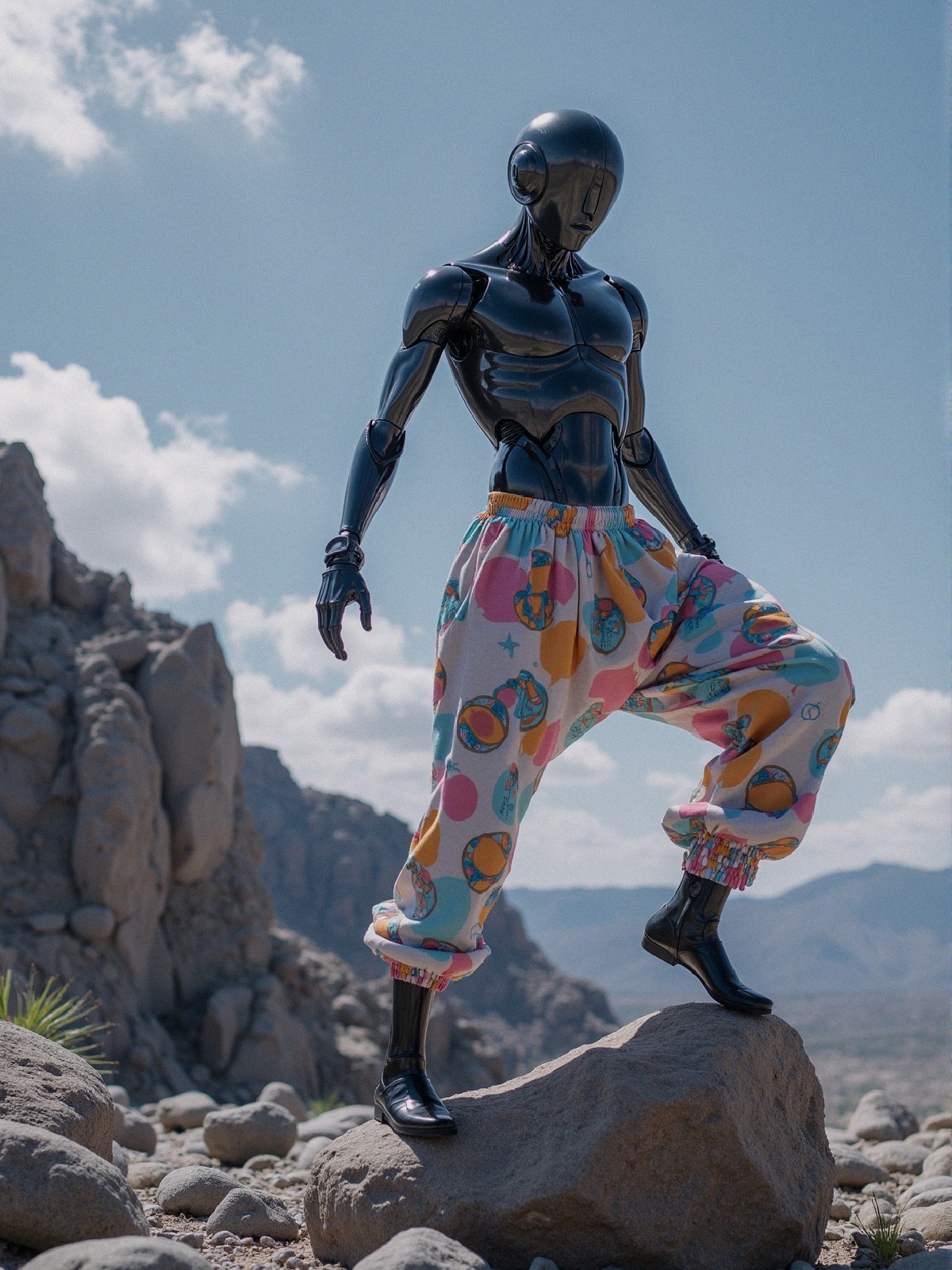 Humanoid Robot on Rock with Vibrant Joggers in Nature