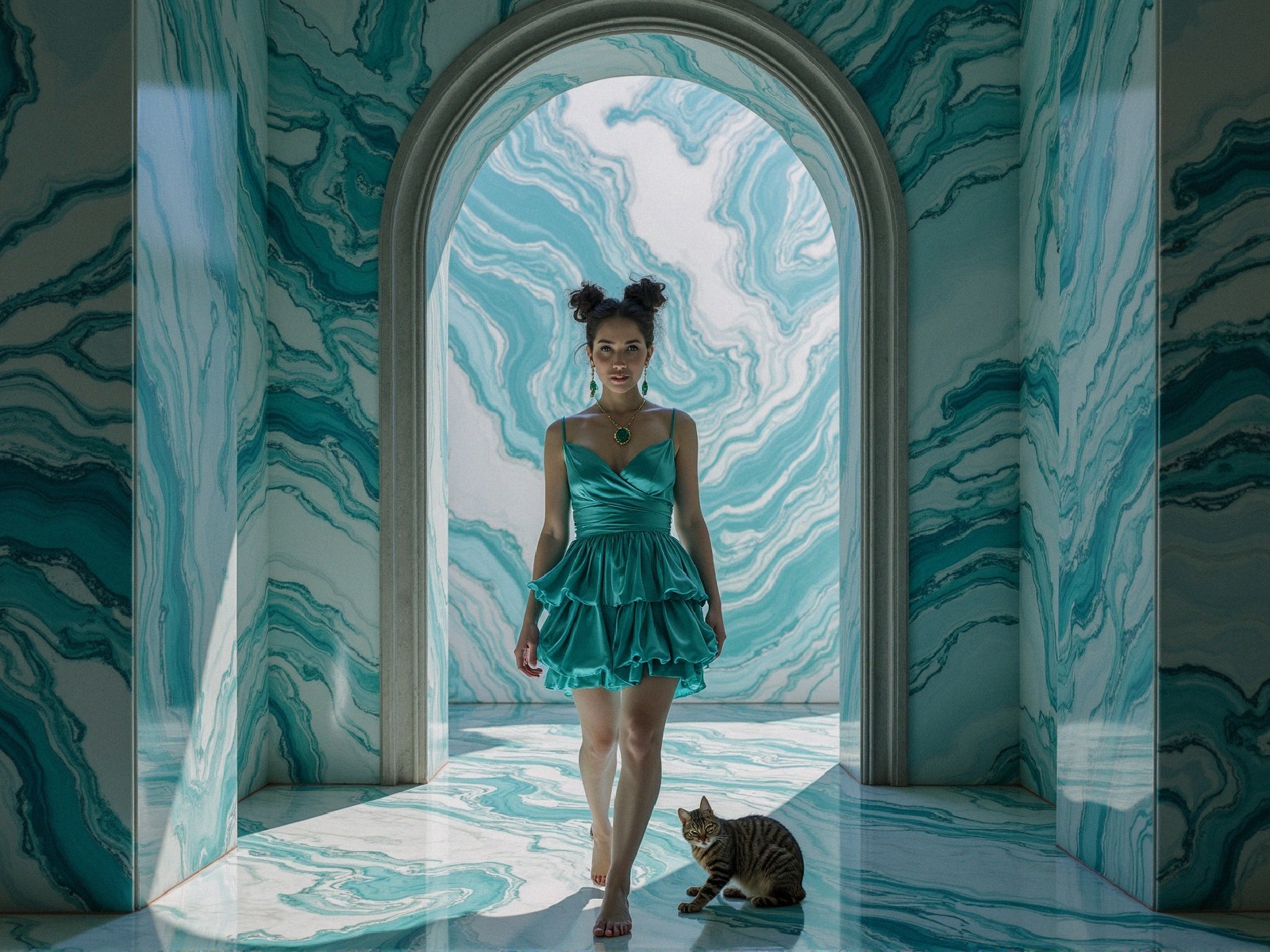 Young Woman in Teal Dress in Marble-Adorned Room