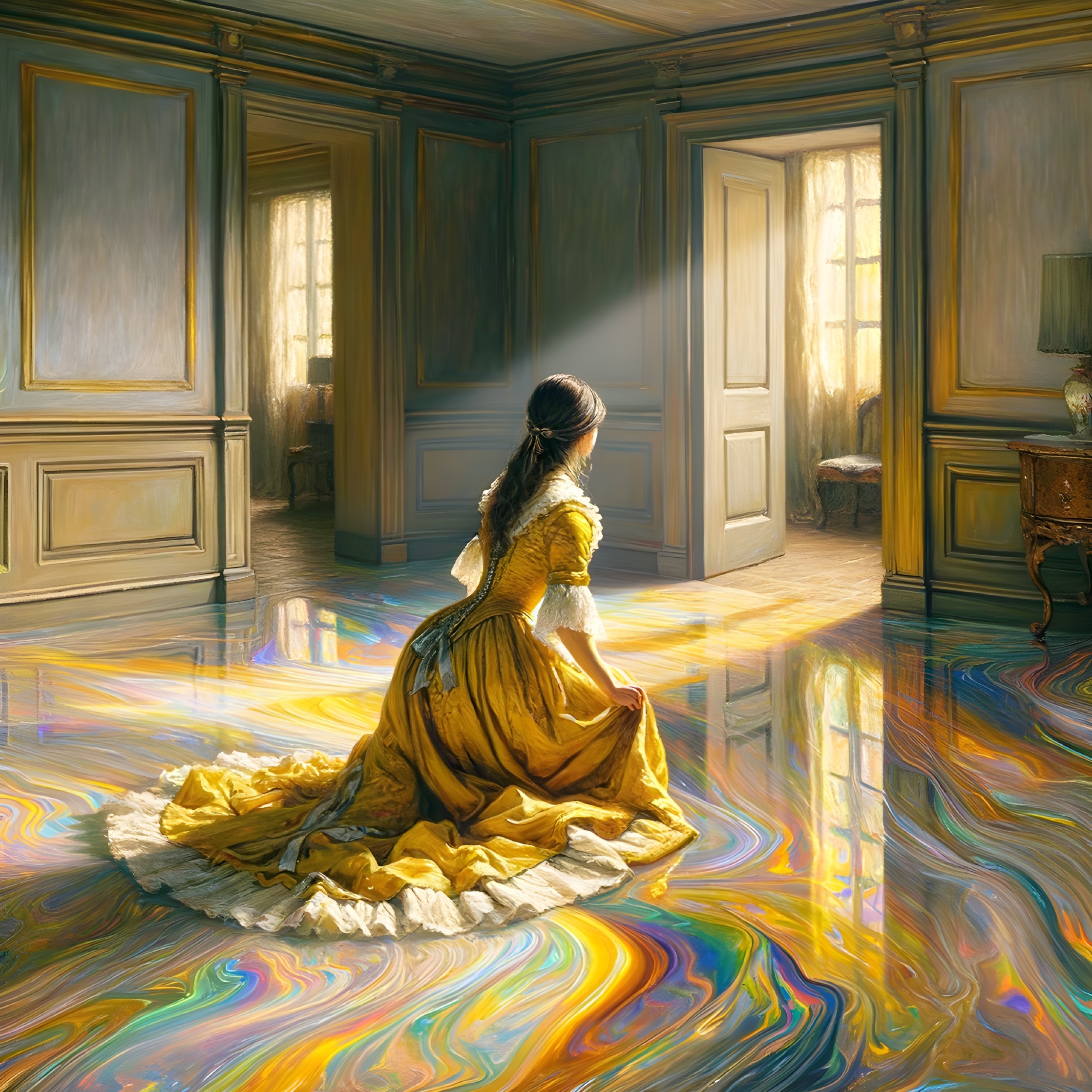 Woman in Yellow Gown Sitting in Opulent Sunlit Room