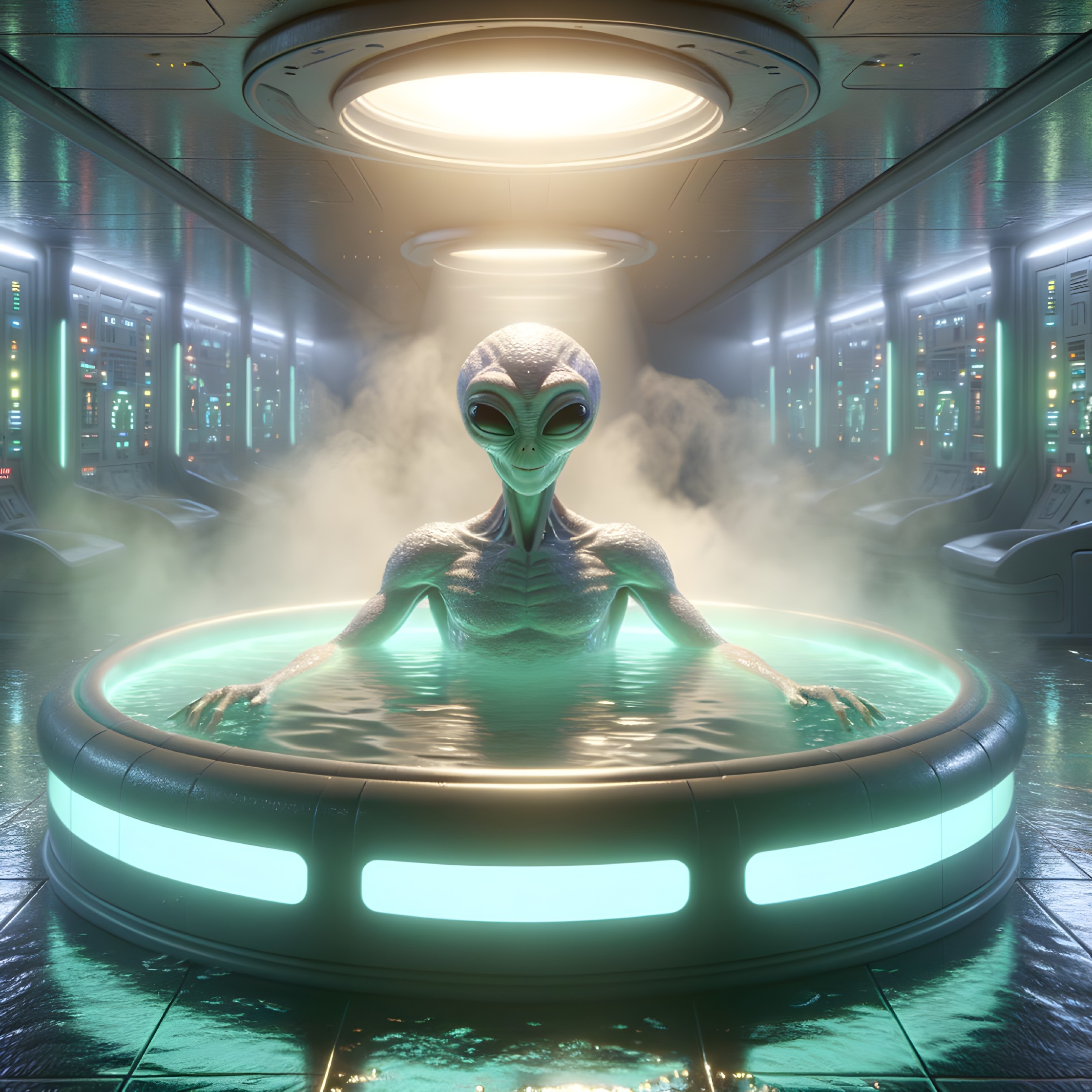 Futuristic alien with large eyes in neon-lit spacecraft control room