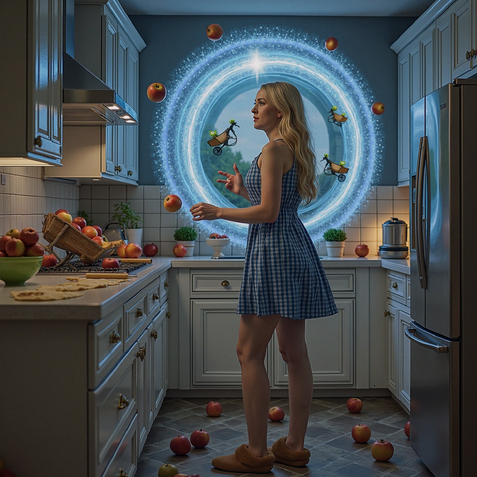 Young Woman Juggling Apples in Cozy Kitchen Scene