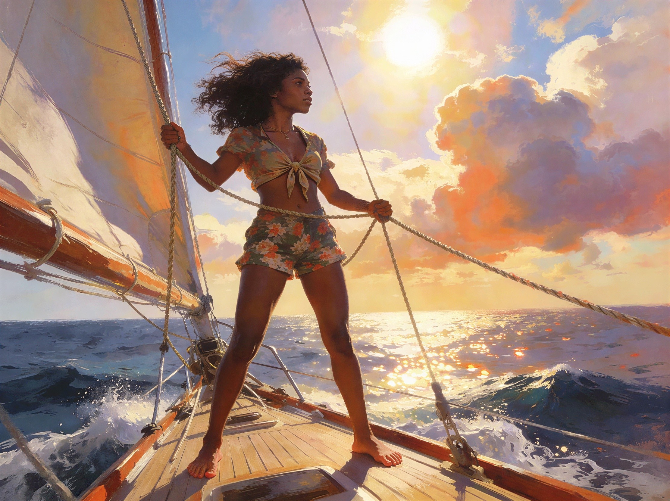 Hyperrealistic painting of a woman on a sailboat