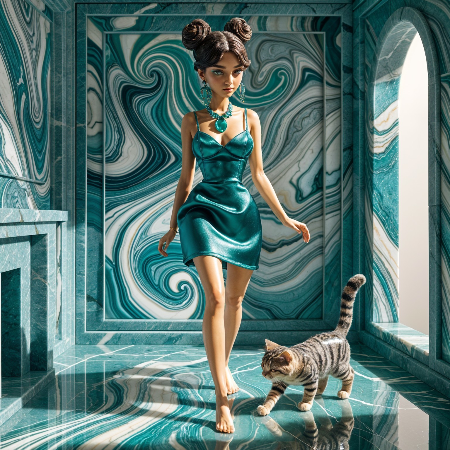 Stylish Doll in Teal Dress with Striped Cat in Room