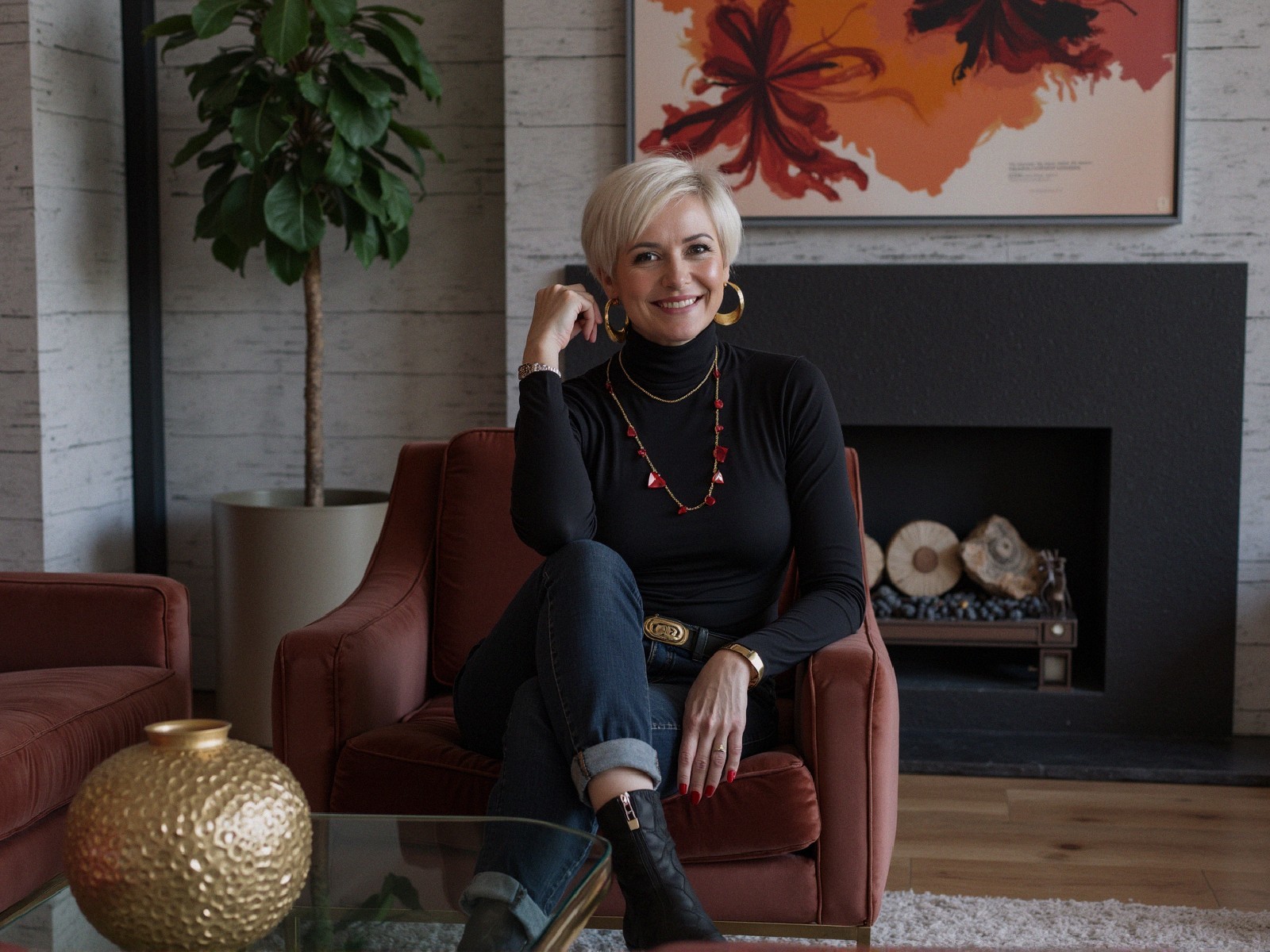 Stylish Woman in Cozy Living Room with Modern Decor