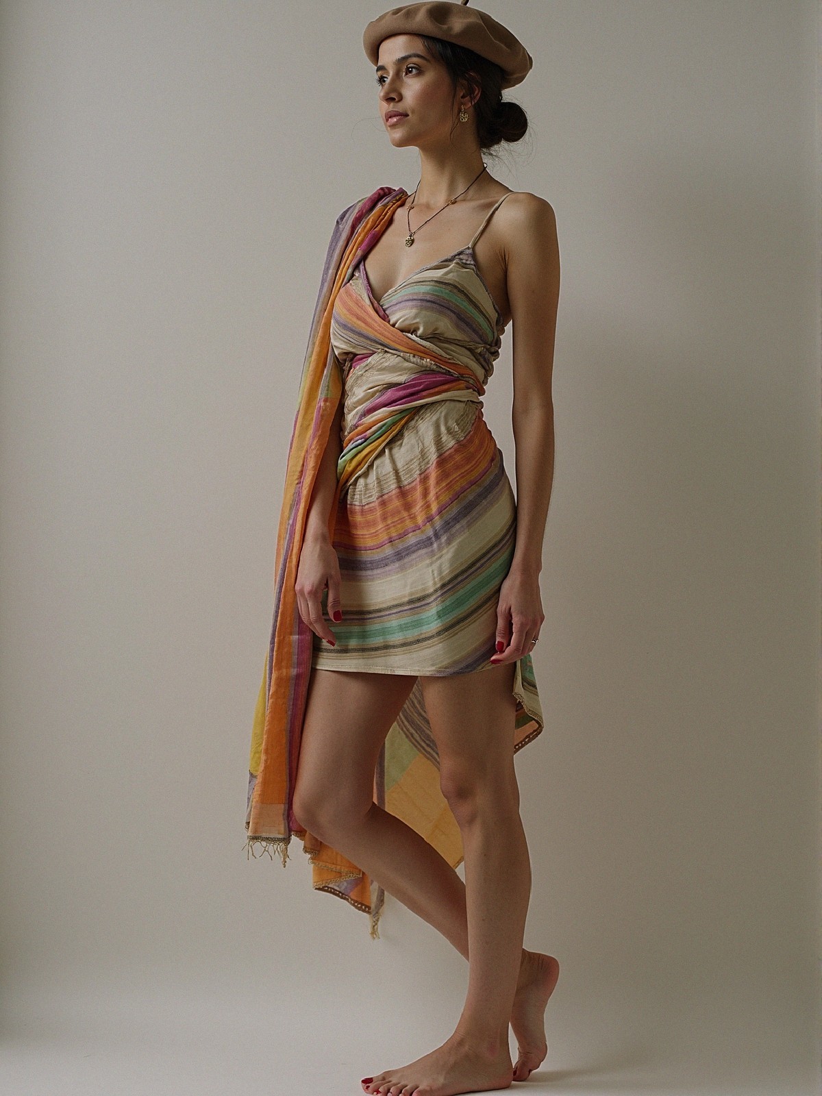 Colorful Striped Dress and Chic Accessories Displayed