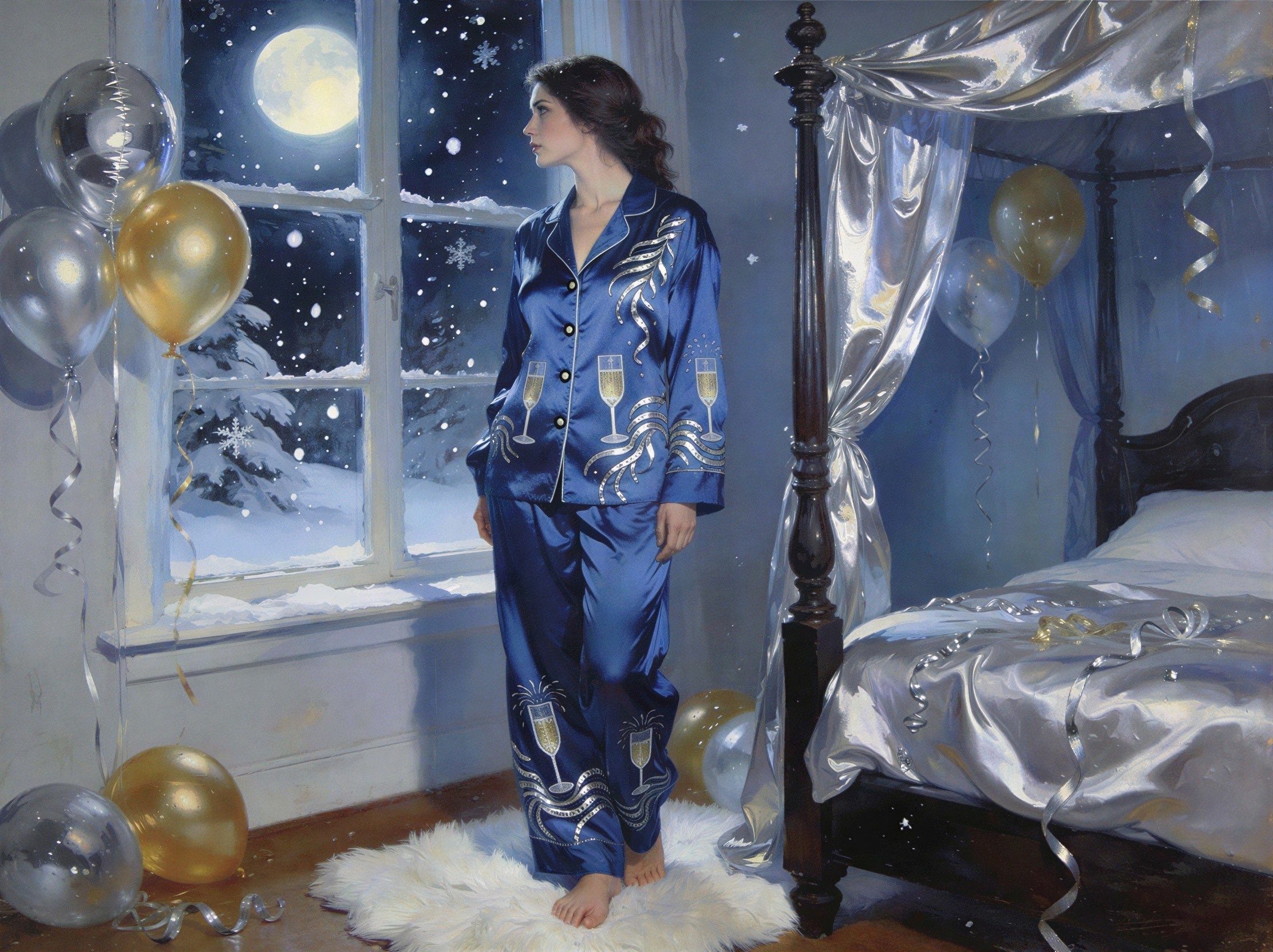 Woman in Satin Pajamas by Window with Night Scene