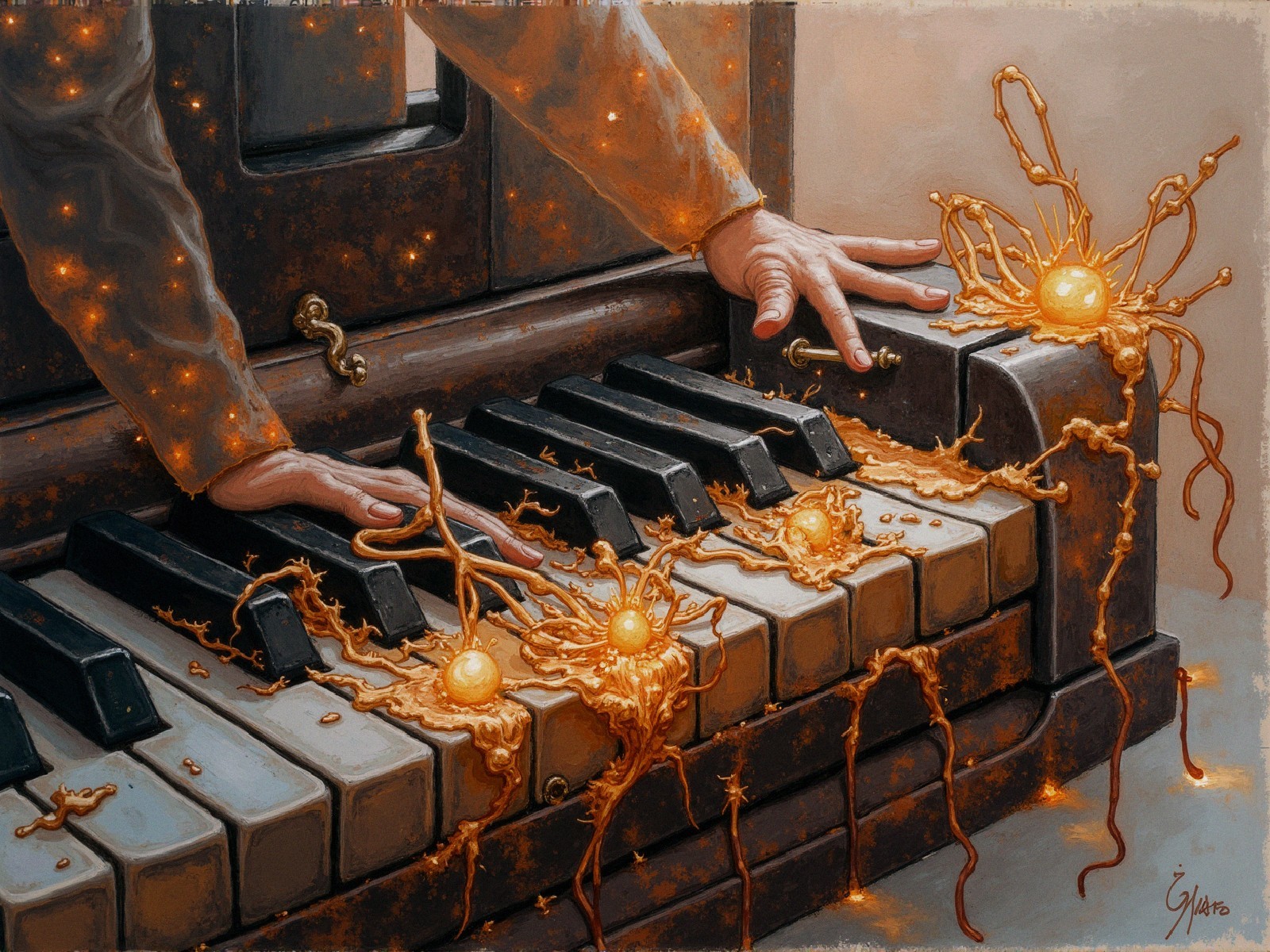 Surreal Piano Scene with Vibrant Energy and Light