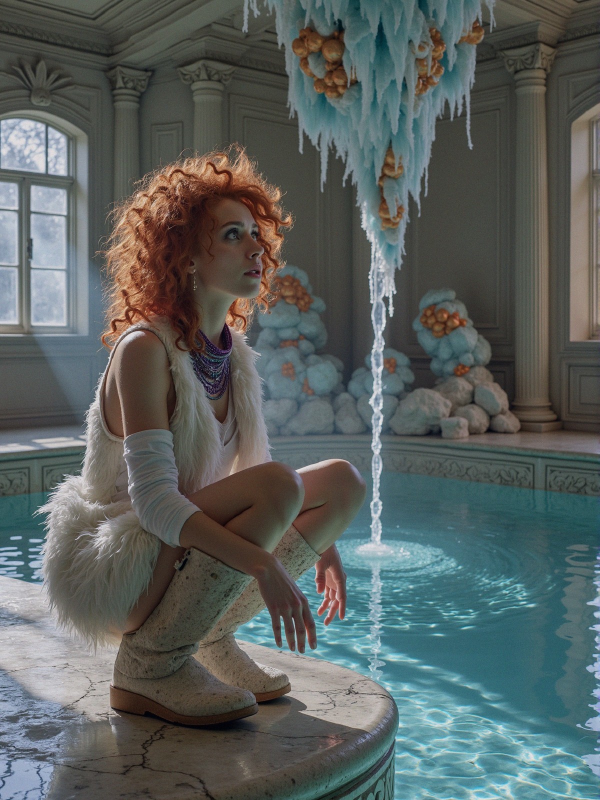 Young woman with red hair by turquoise pool and ice sculpture
