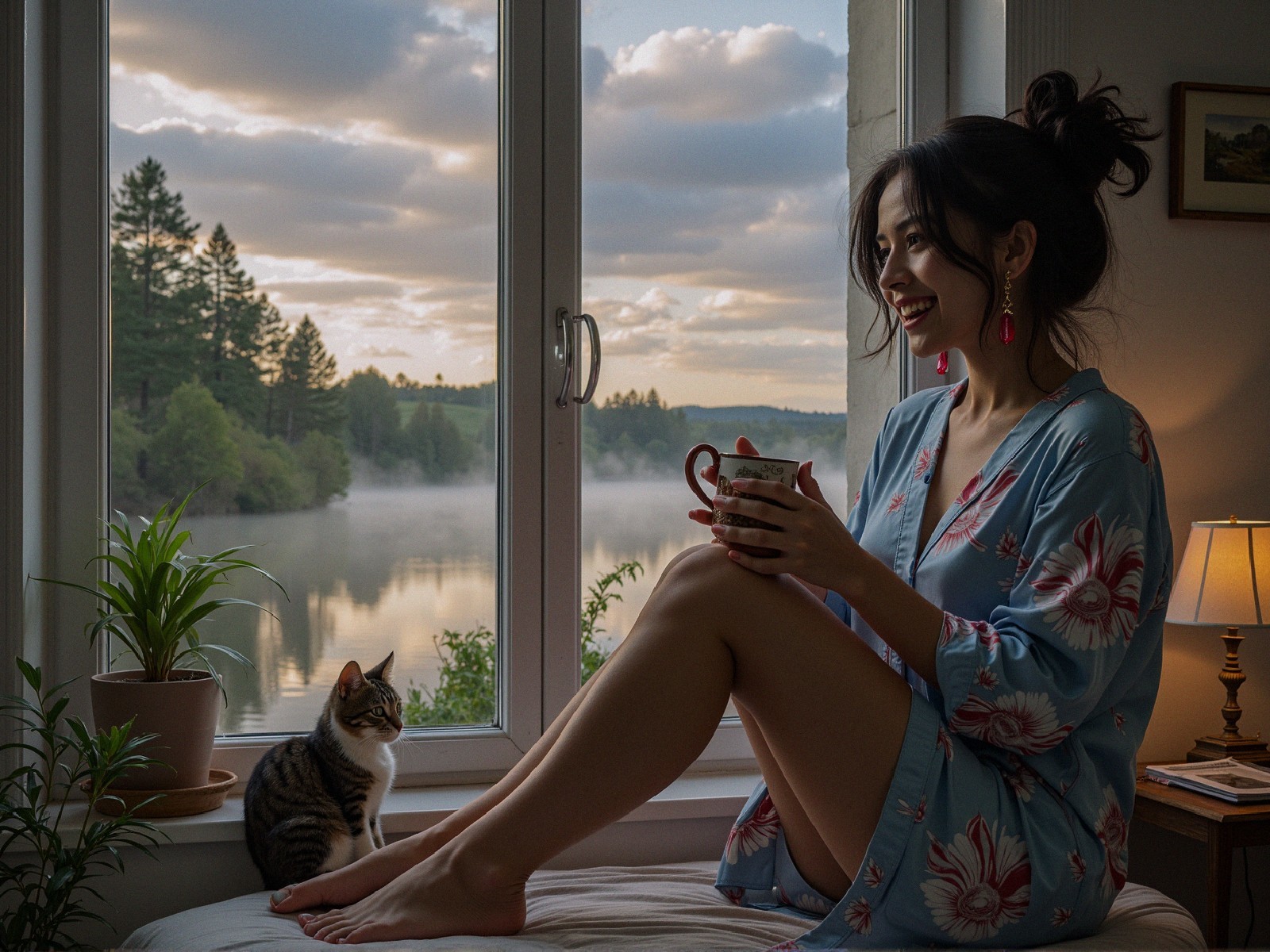 Woman in Floral Robe with Cat by Window