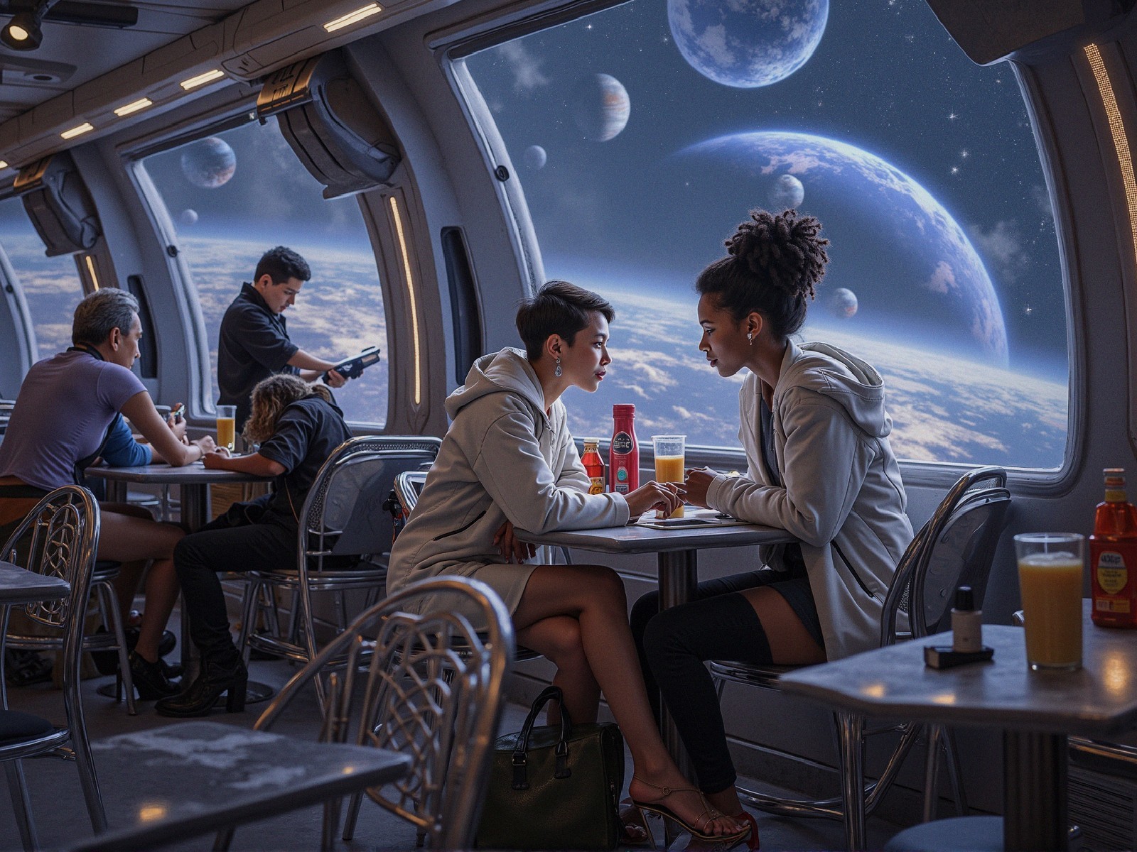 Futuristic Diner with Cosmic View and Intimate Conversation