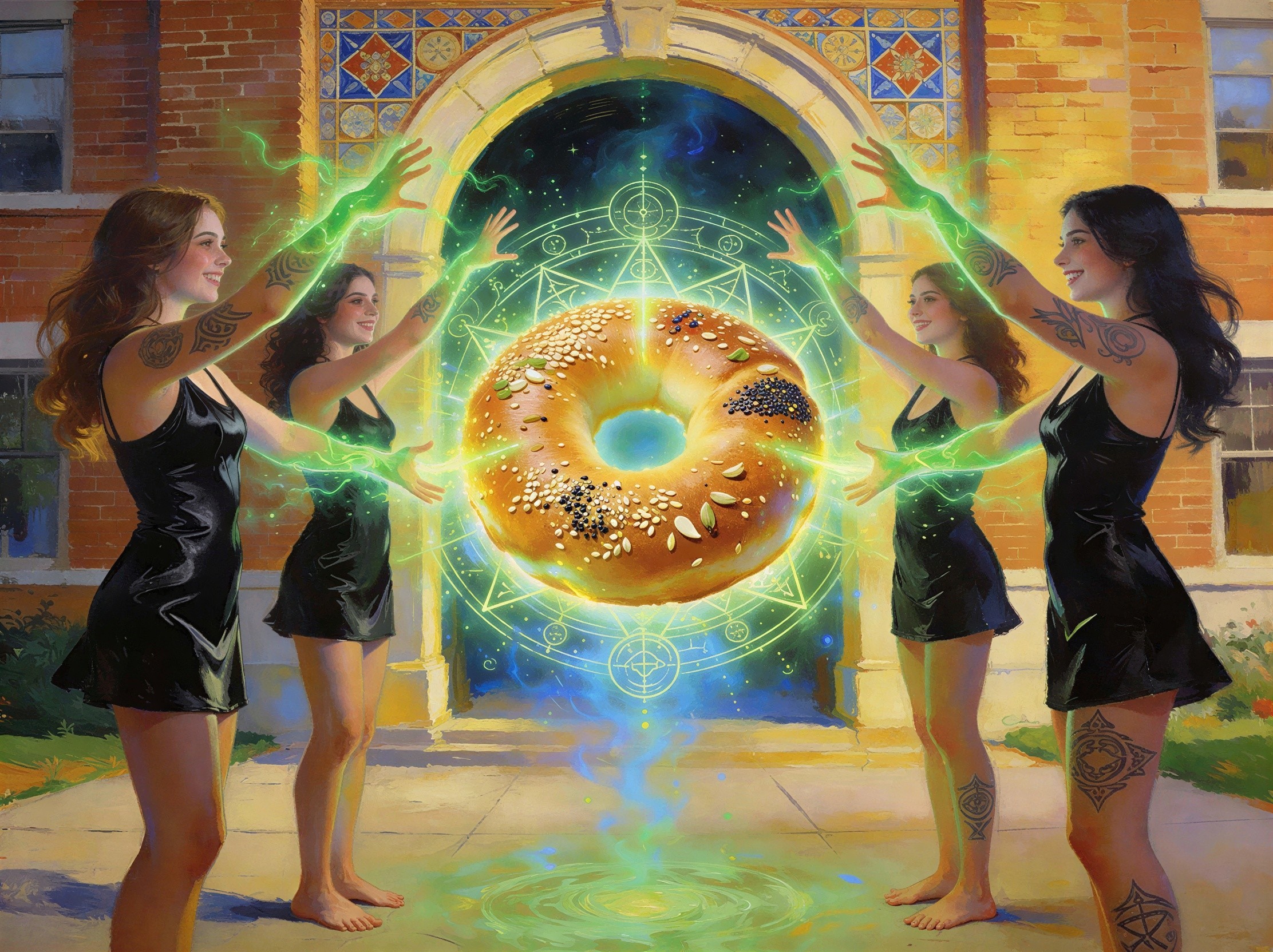 Digital art of women in black dresses around a bagel