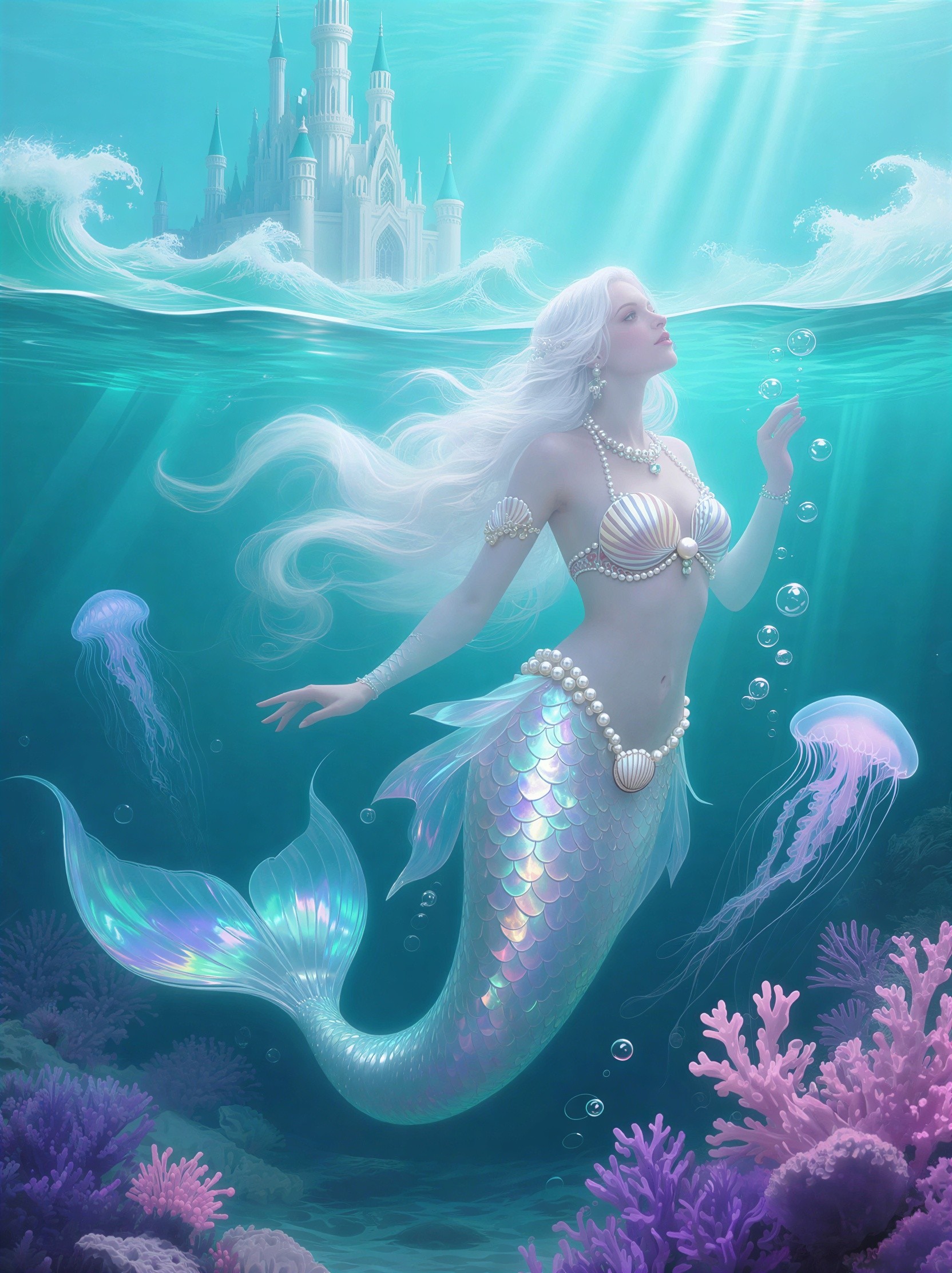 Full-body digital painting of a white-haired mermaid