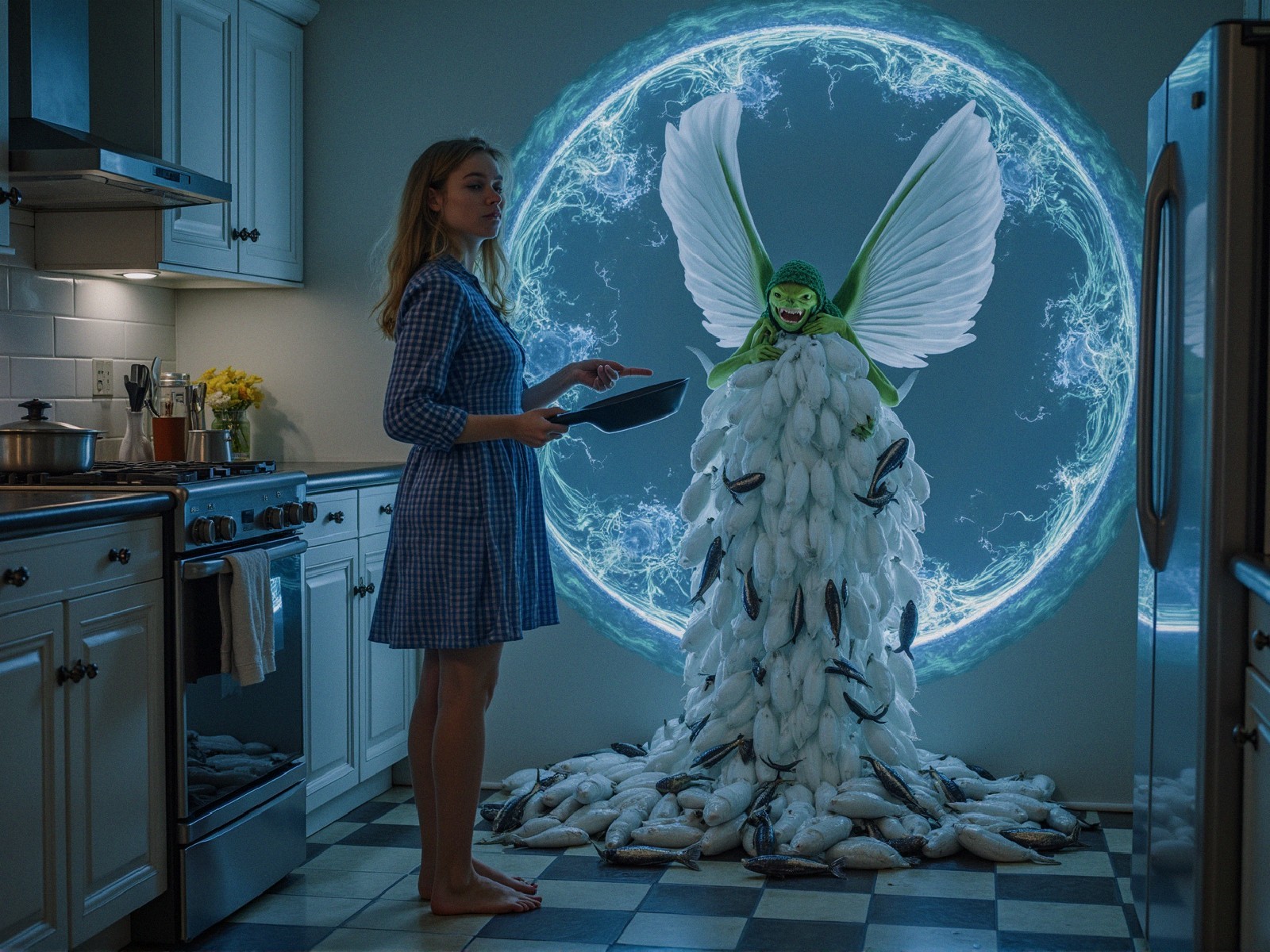 Surreal Kitchen Scene with Fantasy Elements and Characters