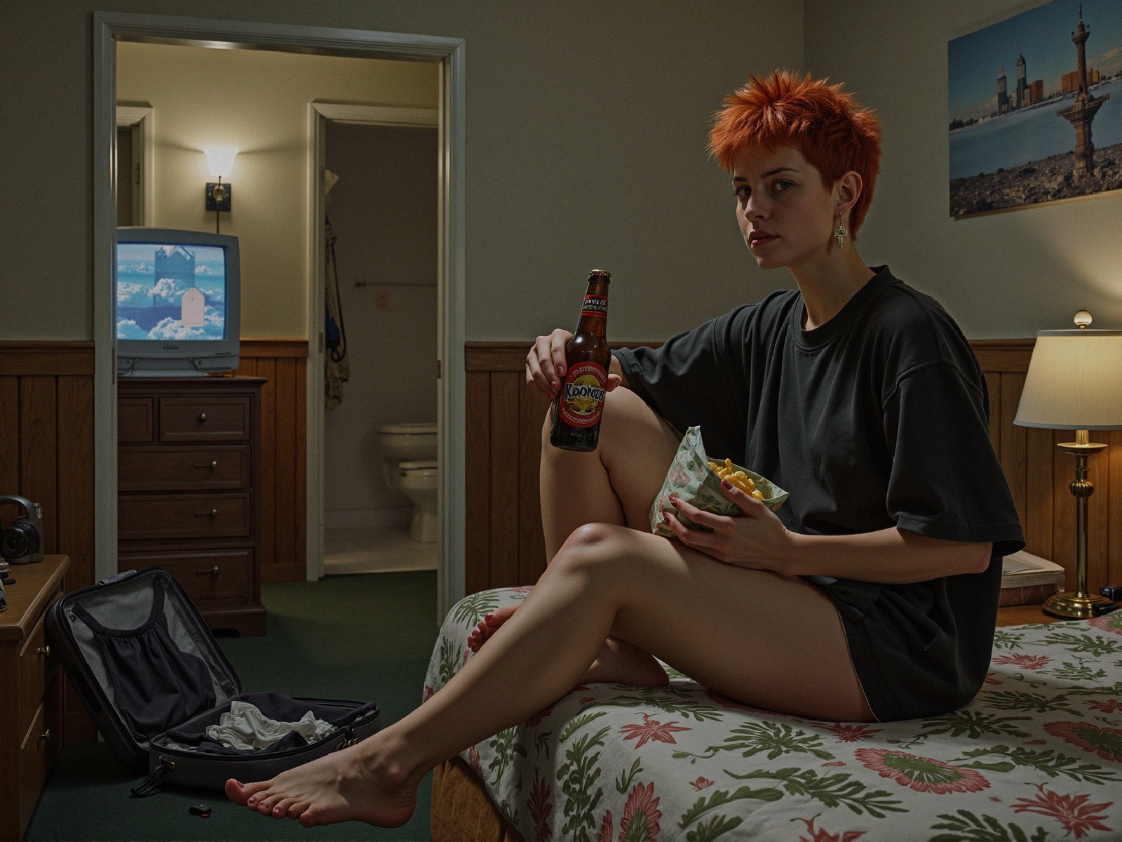 Young person with orange hair in motel room setting