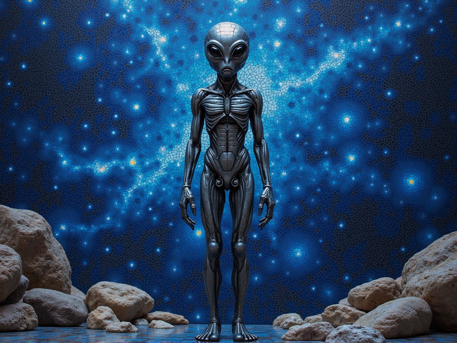 Futuristic Alien Figure in Cosmic Scene with Rocks