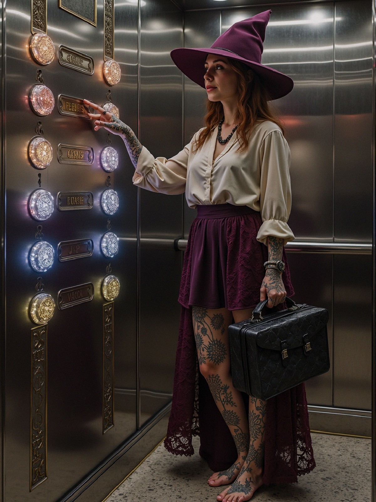Stylish Woman in Elevator with Unique Fashion Elements
