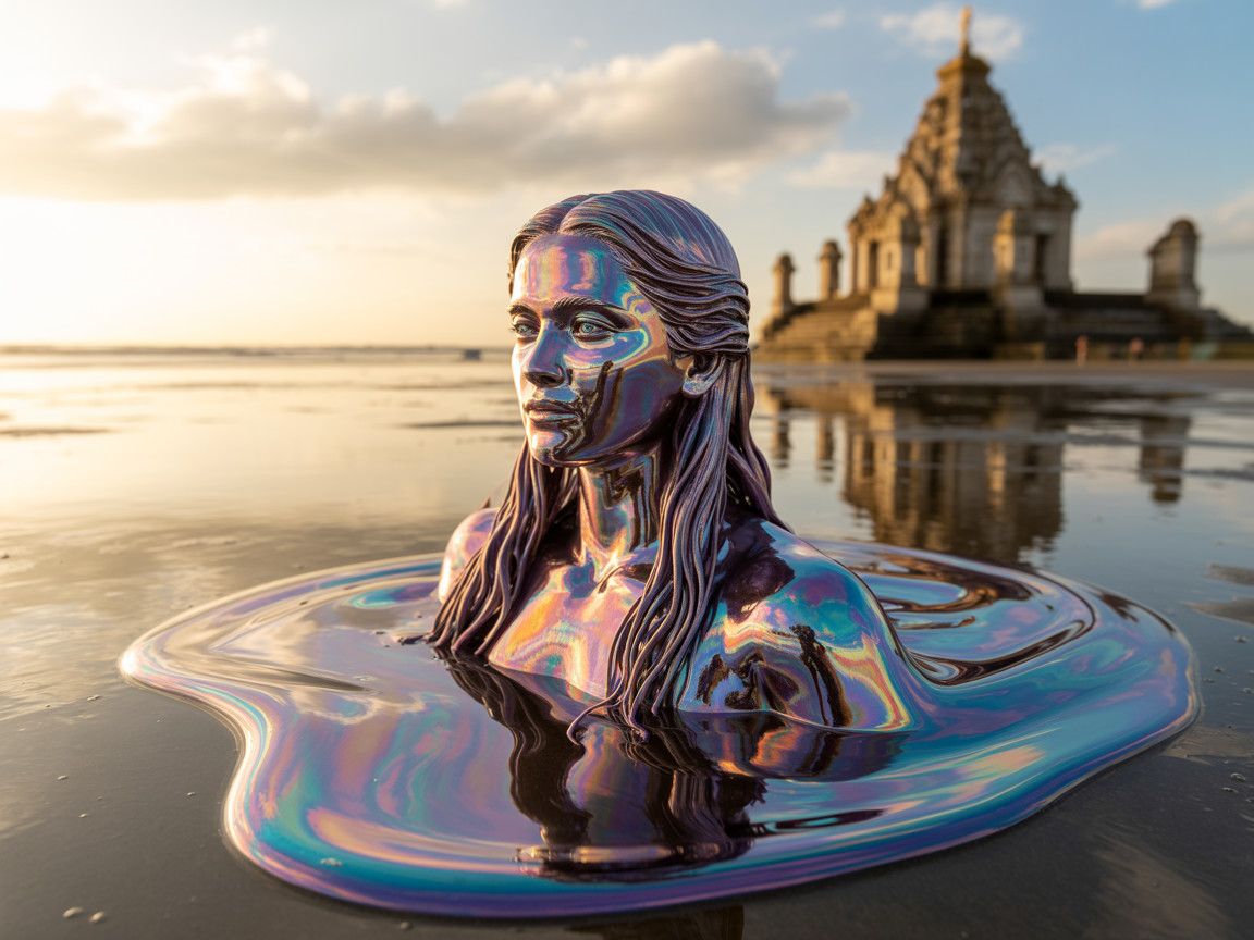 Sculpture of Woman in Iridescent Pool with Temple Backdrop
