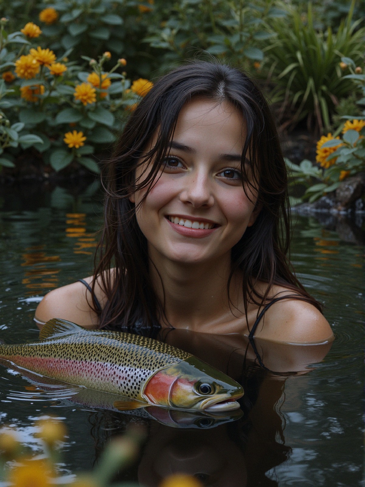 Young woman in water with fish and flowers