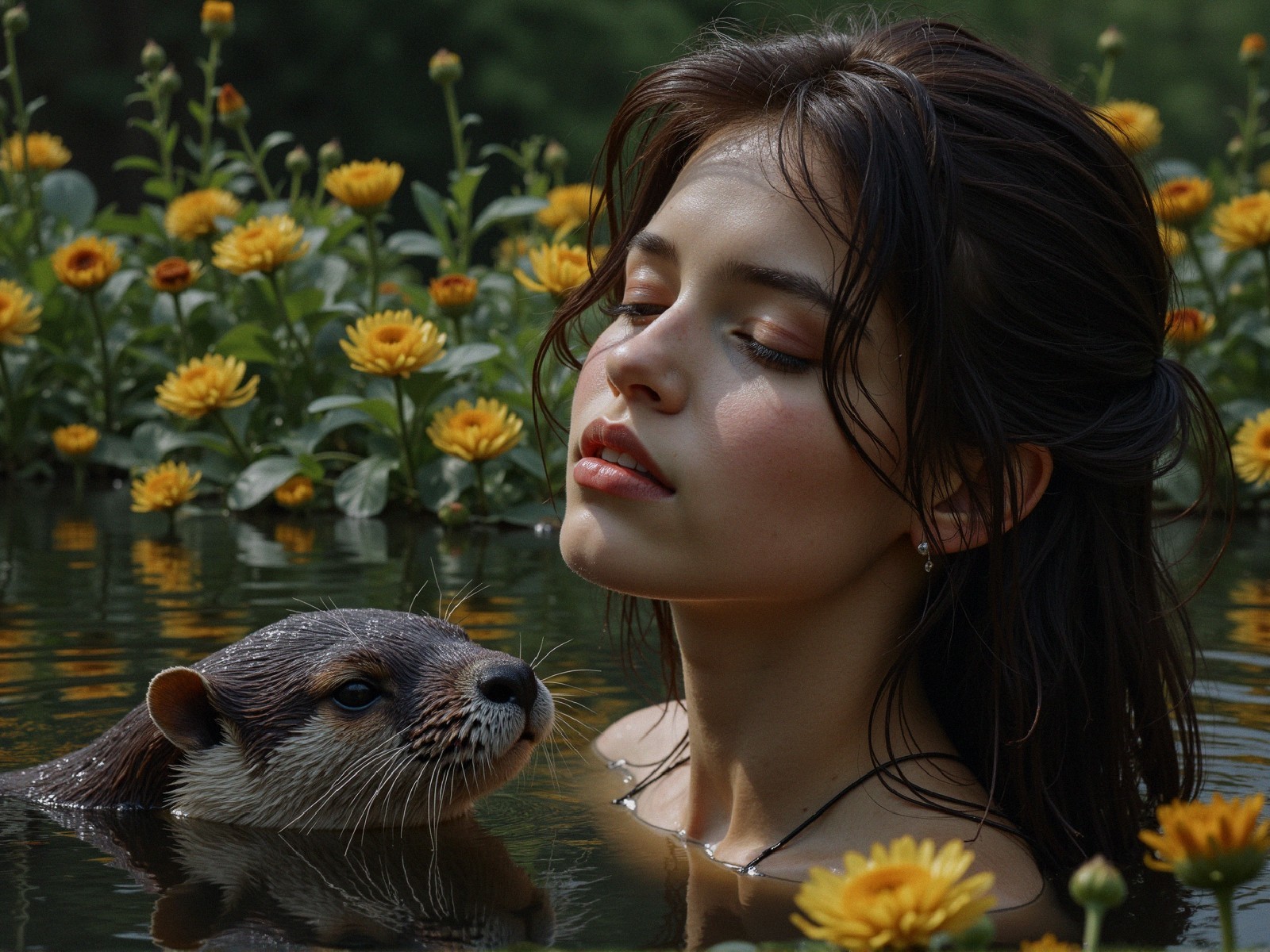 Young Woman in Water Surrounded by Flowers and Otter