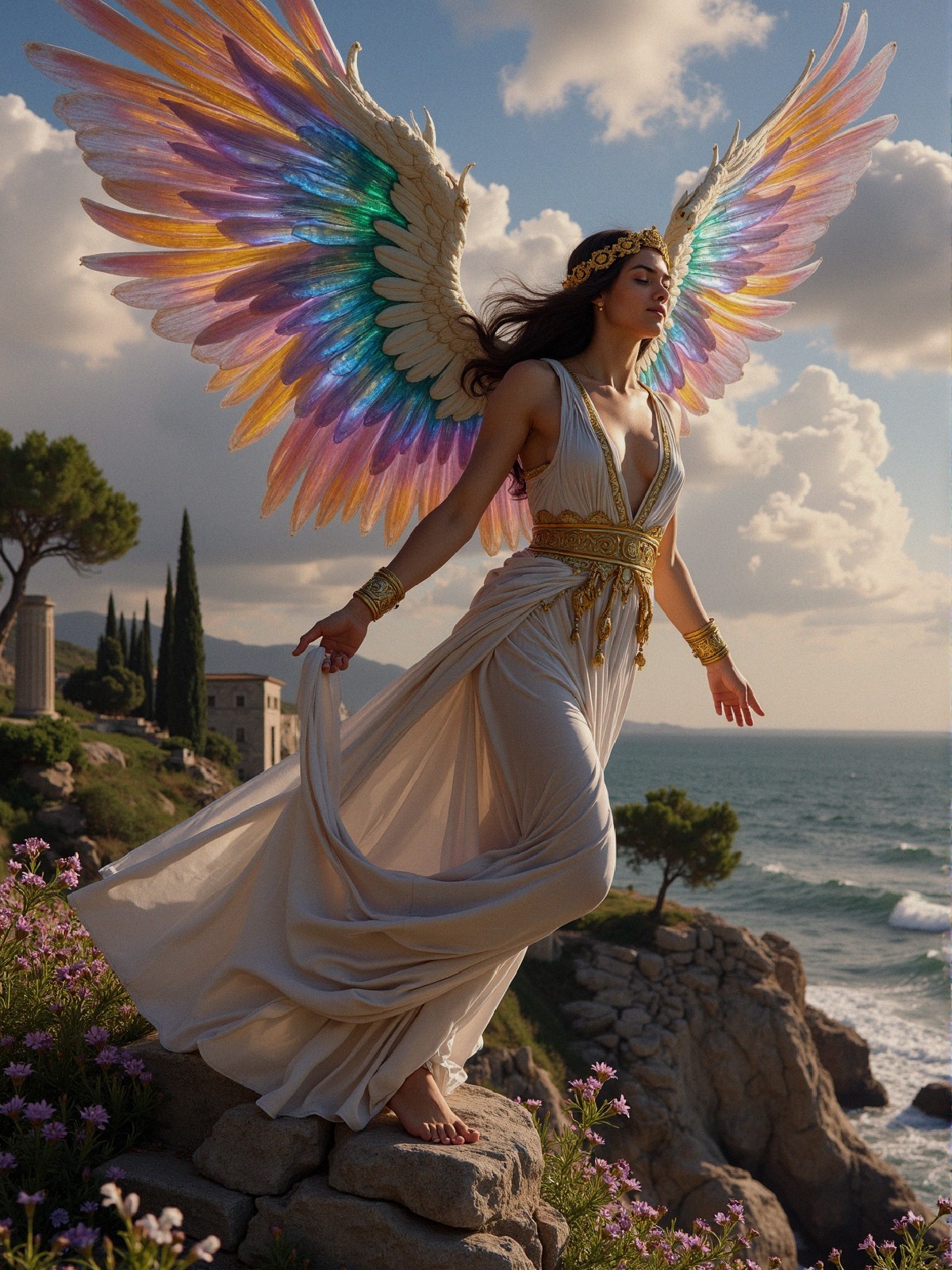Majestic figure in white gown with iridescent wings