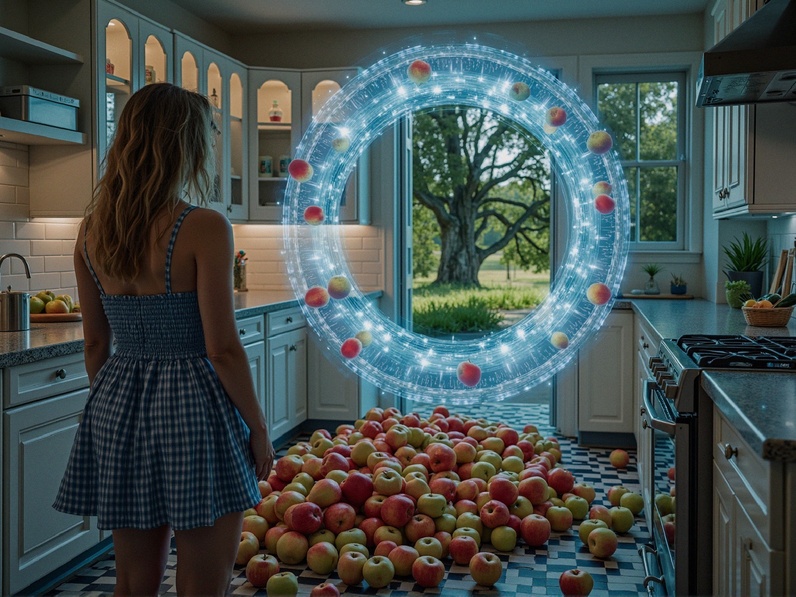Girl in Blue Dress by Circular Apple Portal in Kitchen