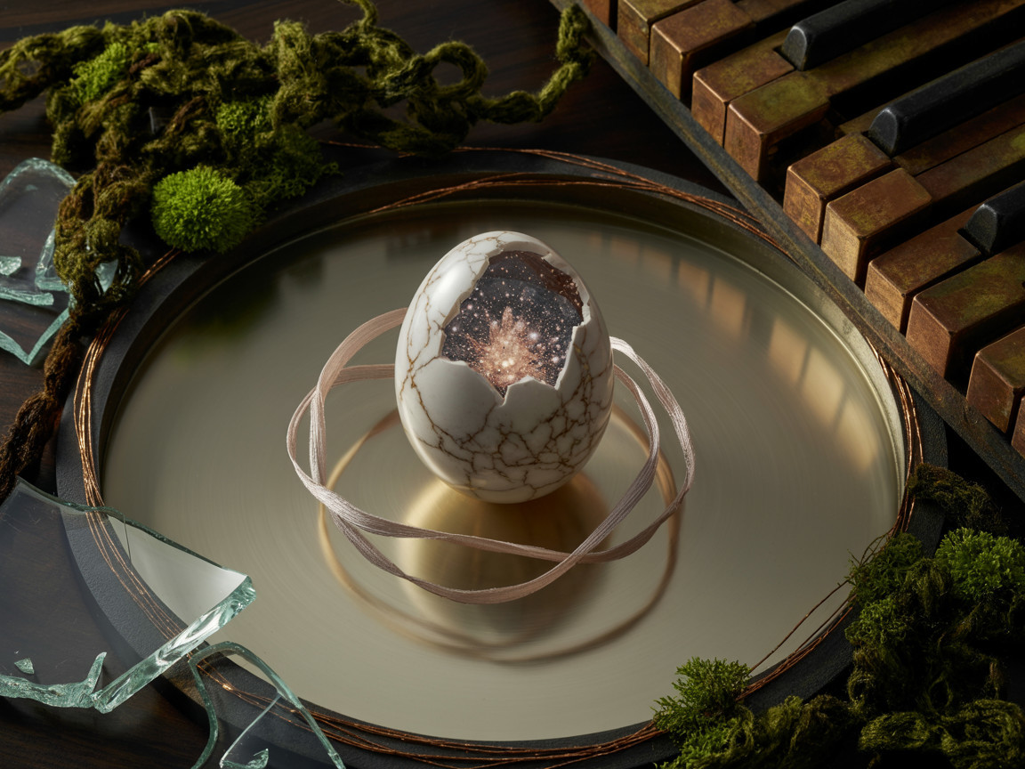 Cracked Egg on Gold Platter with Galaxy and Moss