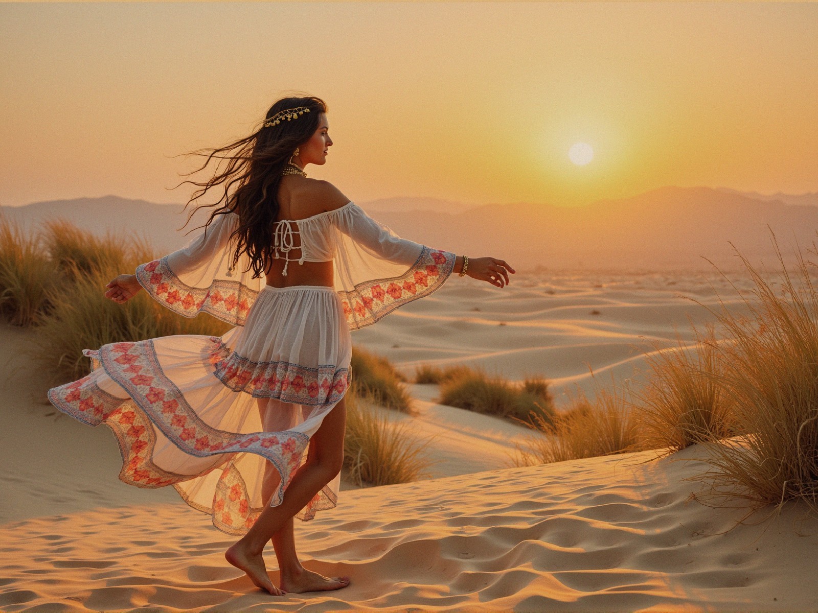 Woman in White Dress Dancing in Desert at Sunset