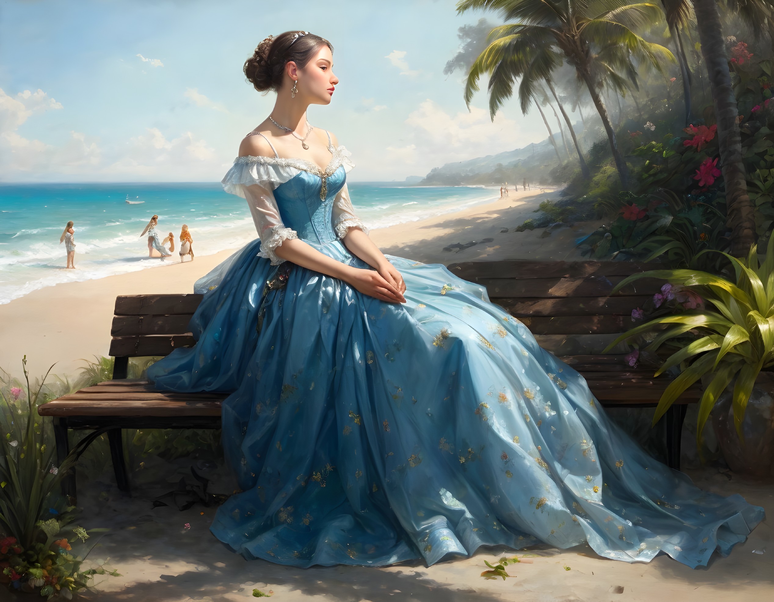 Woman in blue historical gown by tropical beach with people enjoying shore