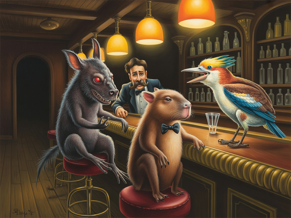 Whimsical Bar Scene with Humanoid Animal and Rodent