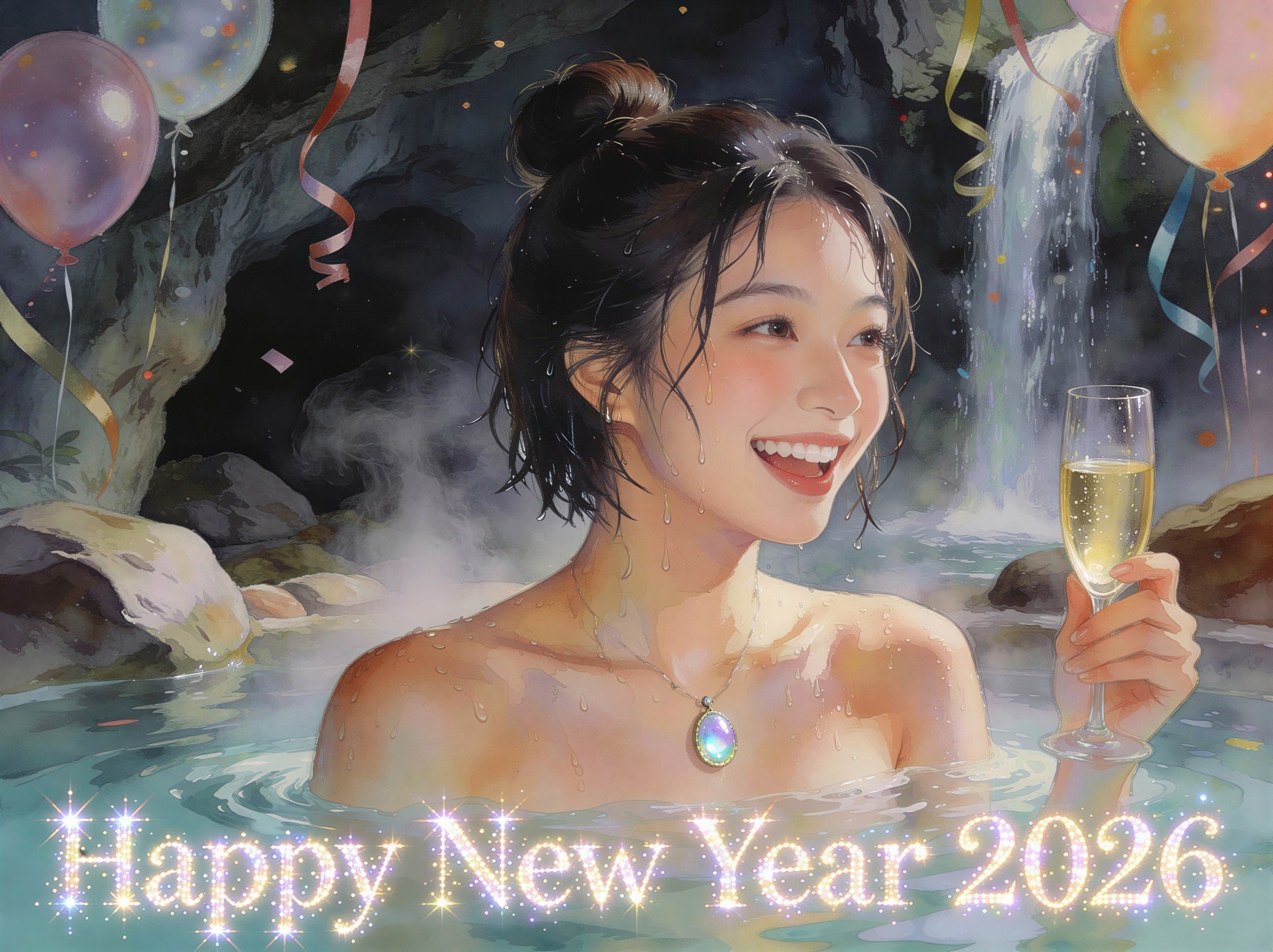Anime-style digital painting of a woman in a hot spring