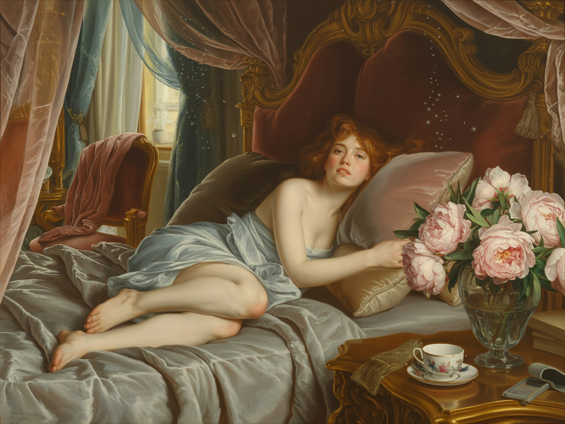 Serene Woman on Lavish Bed Surrounded by Peonies