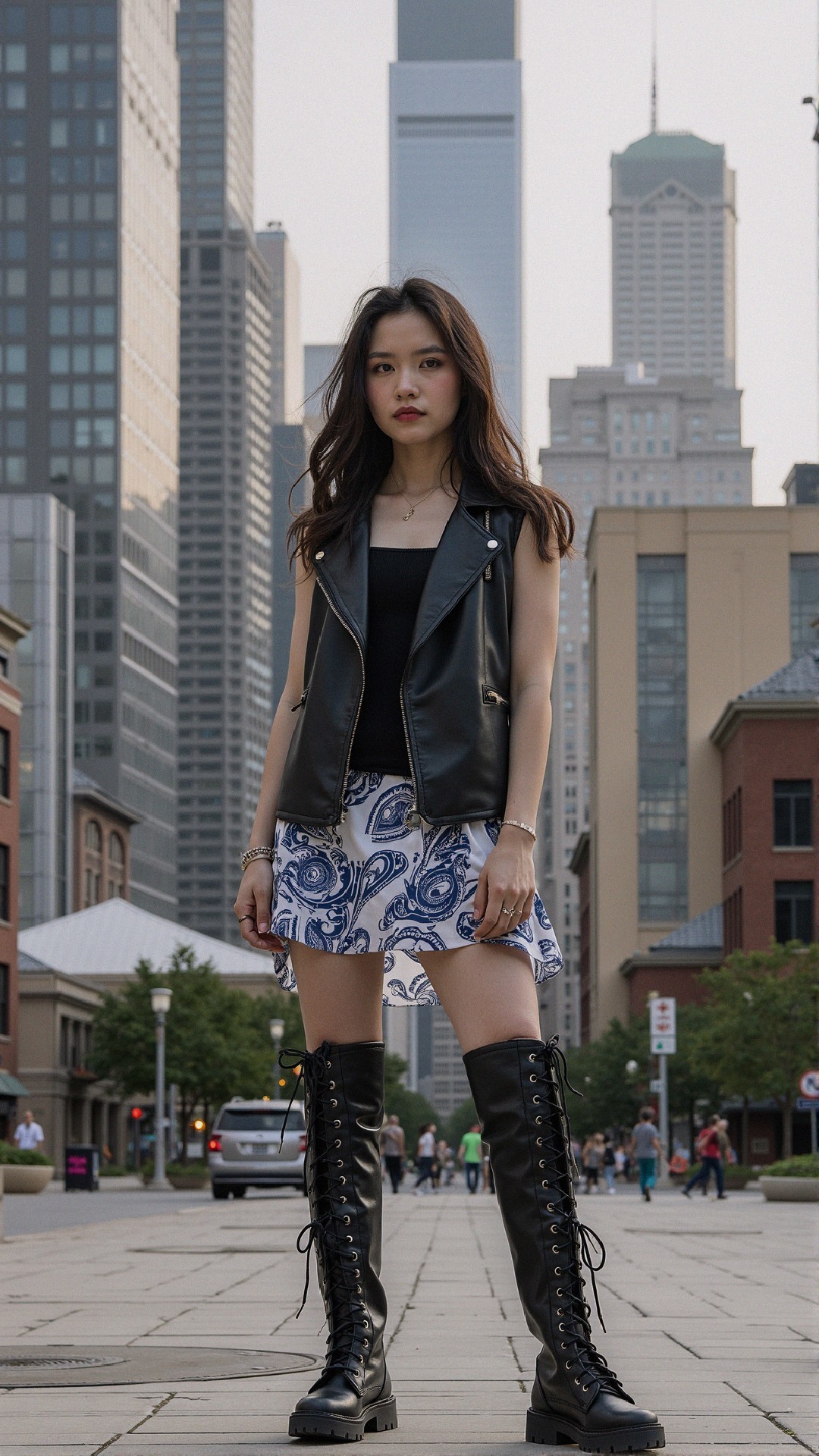Young woman in stylish urban outfit with skyscrapers