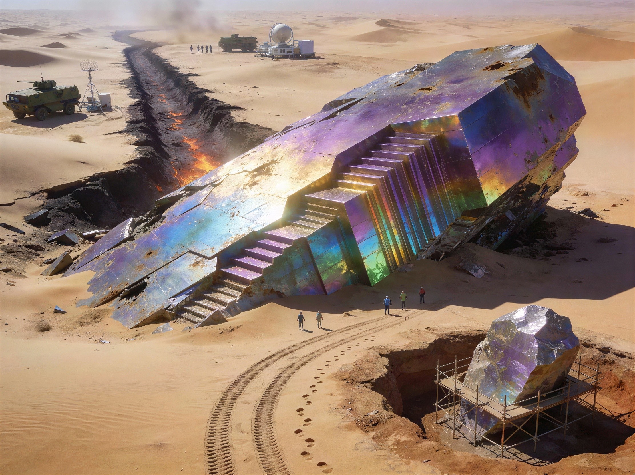 Dystopian Desert Landscape with Metallic Structures