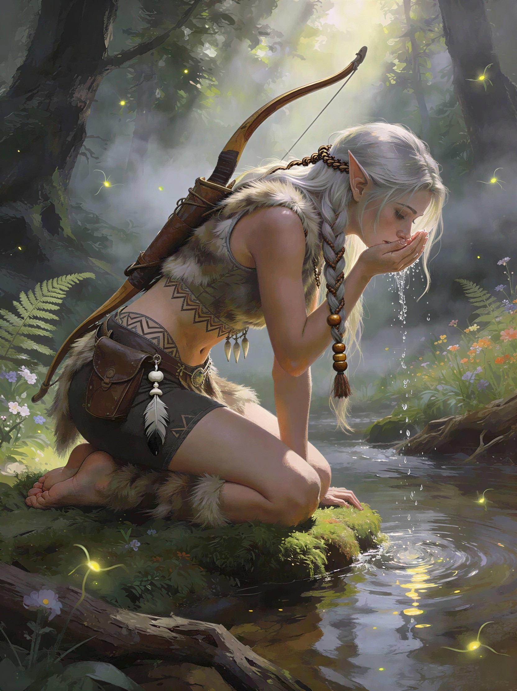 Elven Huntress in Tribal Clothing by a Forest River