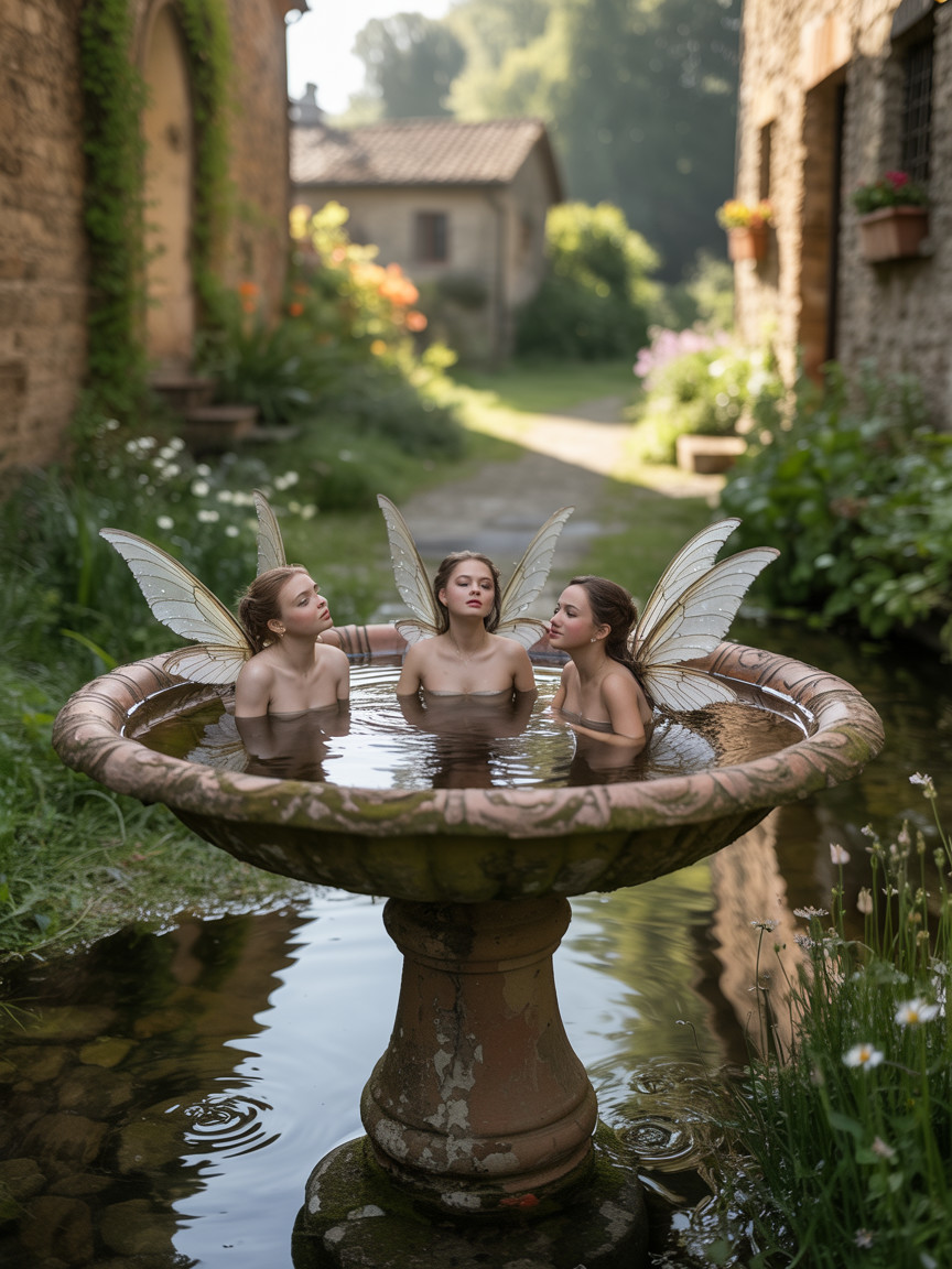 Ethereal figures in a vintage stone fountain garden