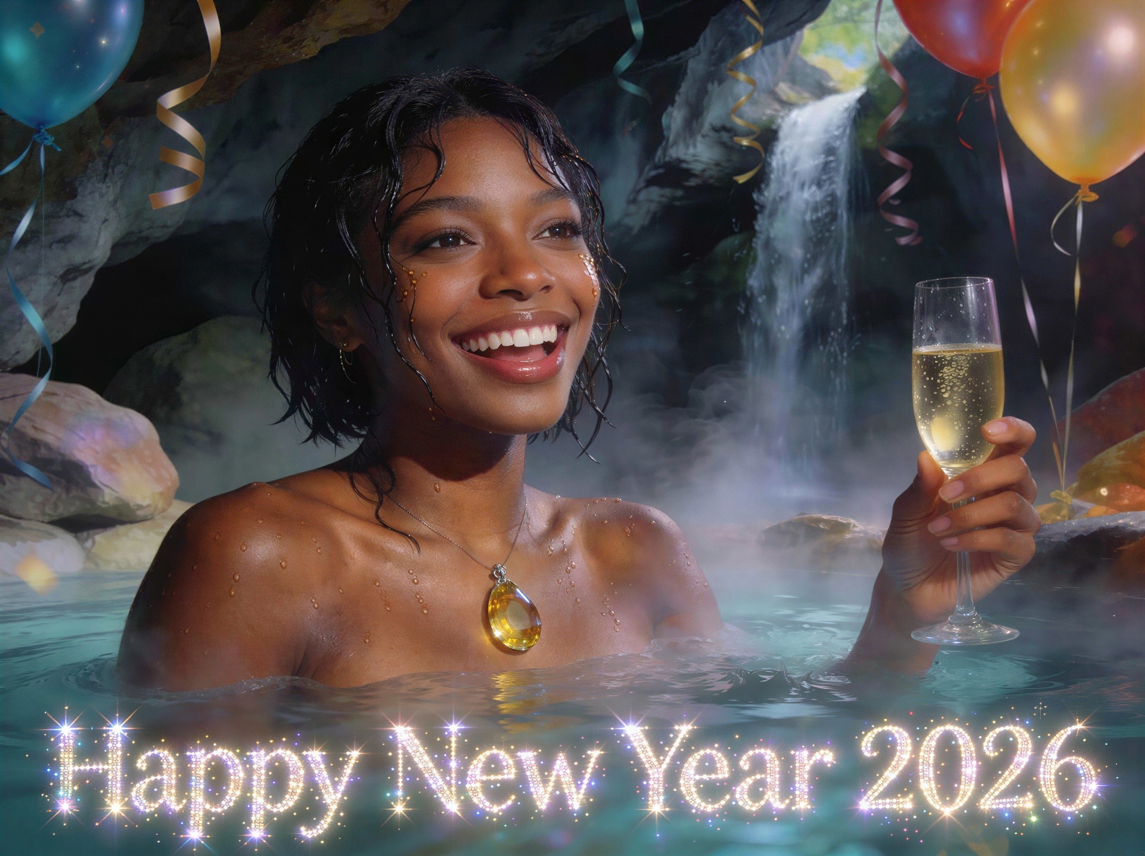 Young Woman in Outdoor Jacuzzi with Champagne and Waterfall