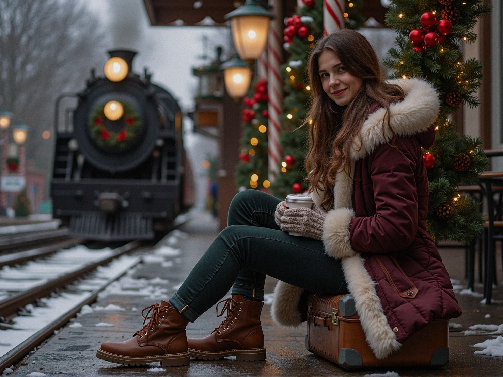 Young Woman on Vintage Suitcase in Festive Winter Scene