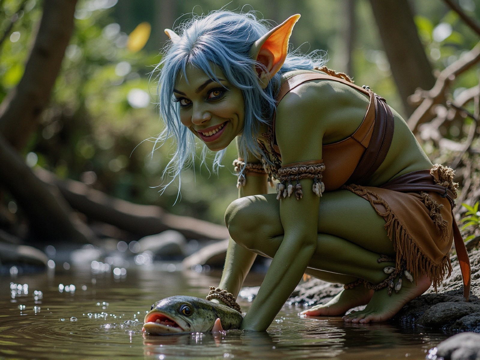 Goblin Character by Stream in Vibrant Forest Setting