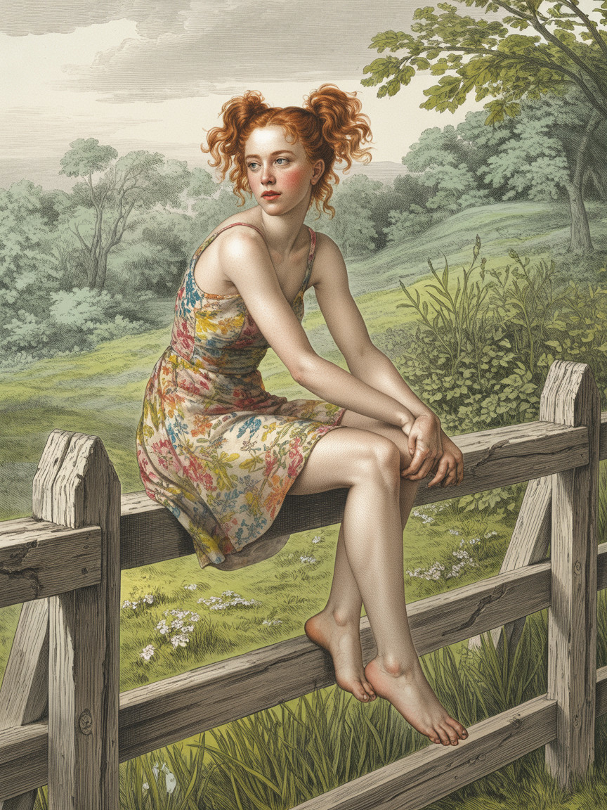 Young woman in floral dress on rustic wooden fence