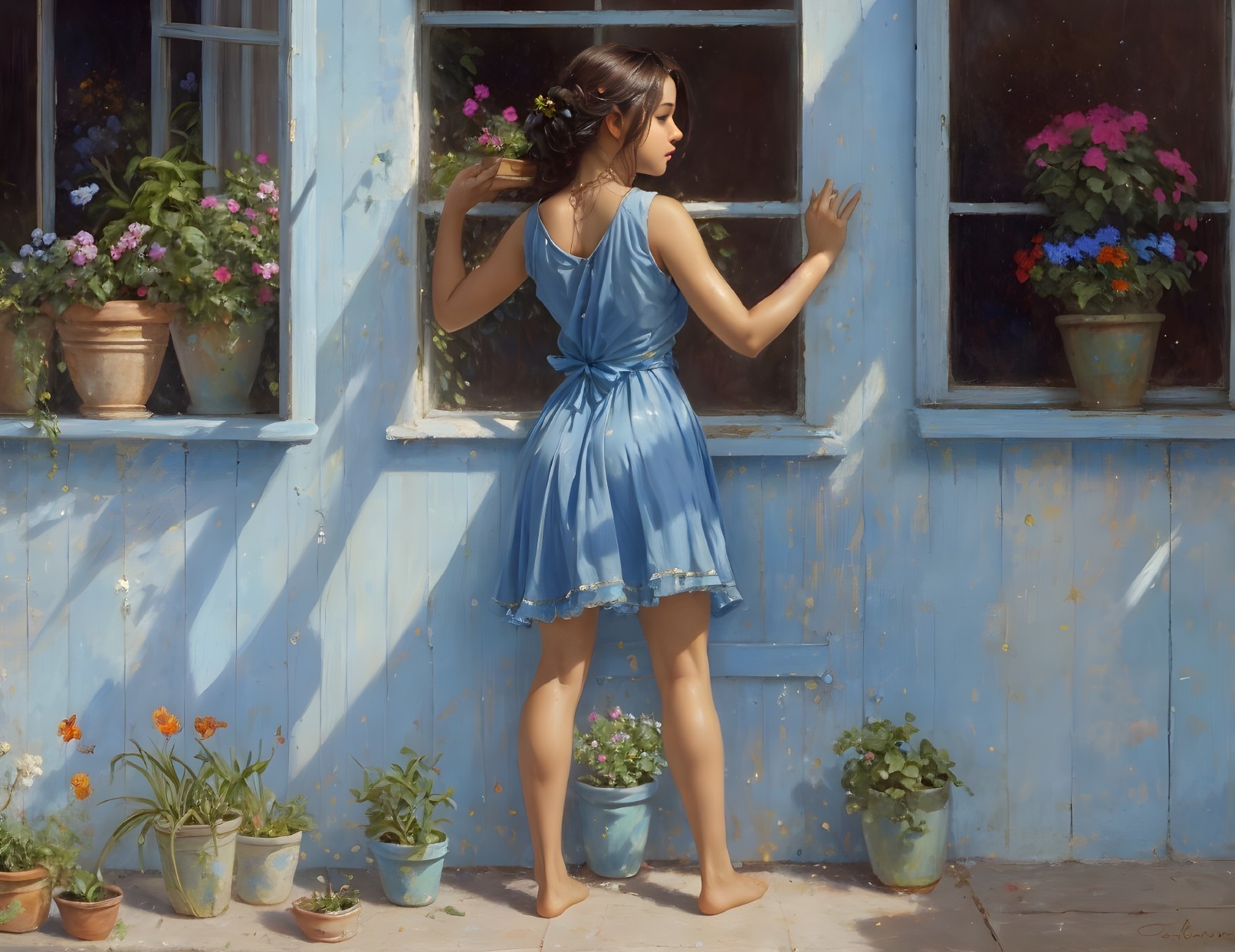 Woman in blue dress by window with flower pots gazes contemplatively