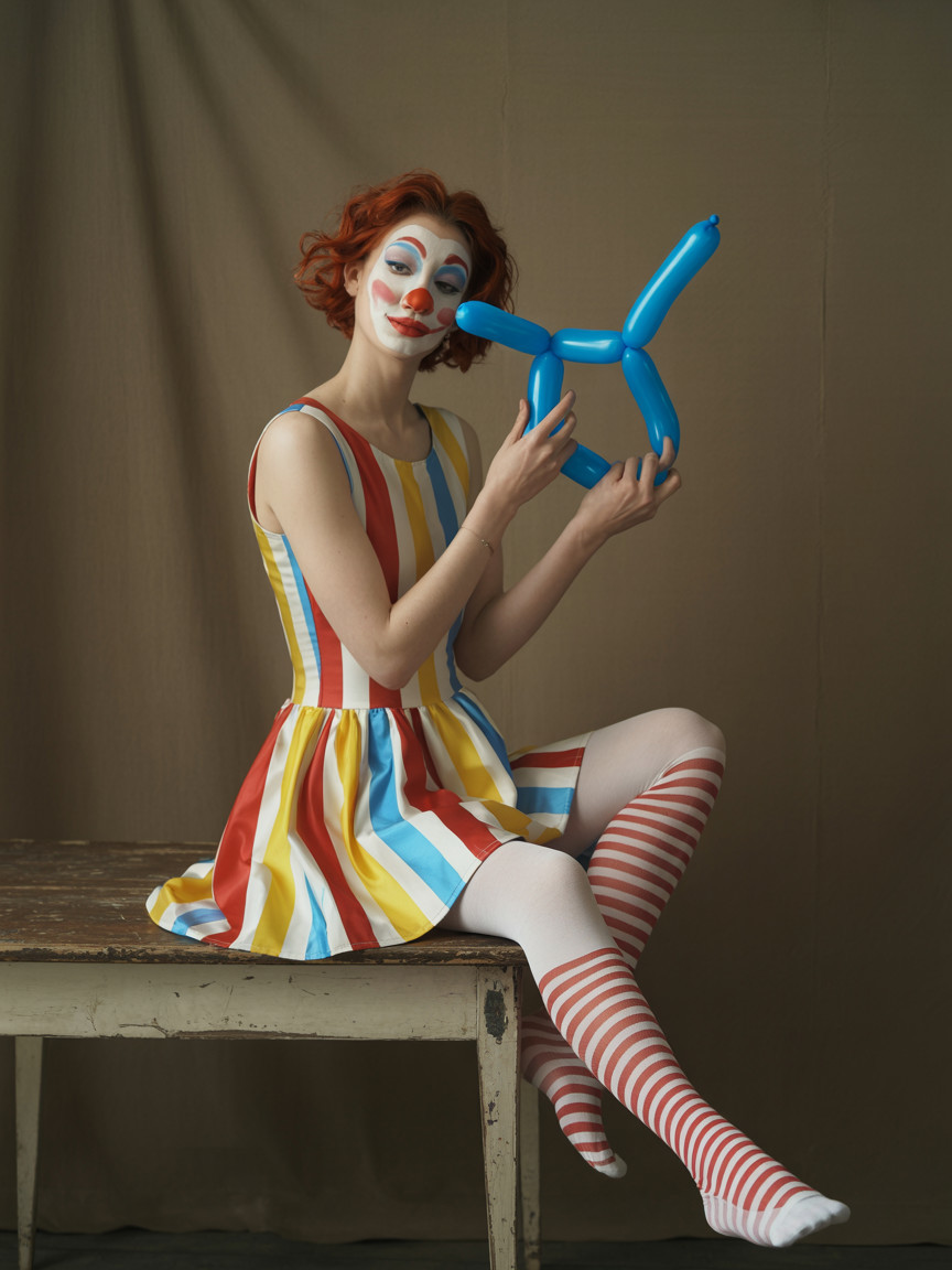 Clown in Colorful Dress with Balloon Dog on Chair