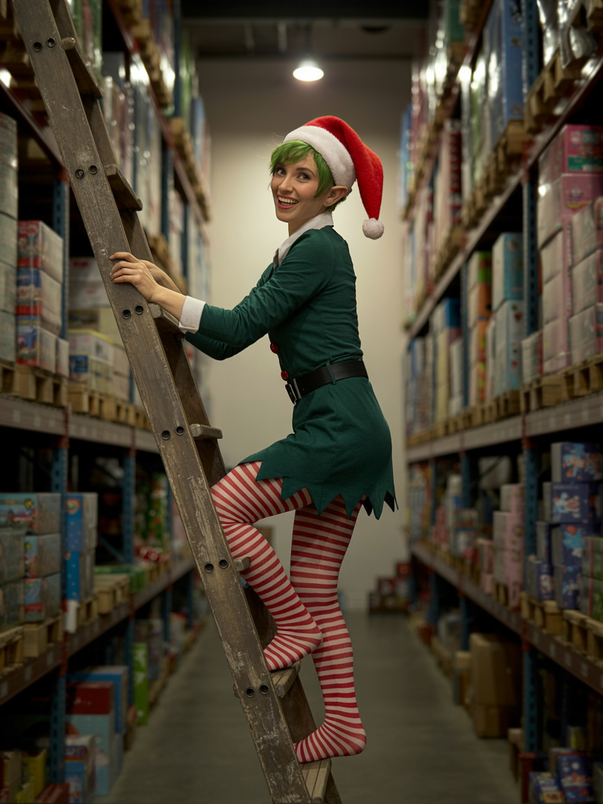 Joyful Elf Climbing Ladder Among Colorful Gift Boxes