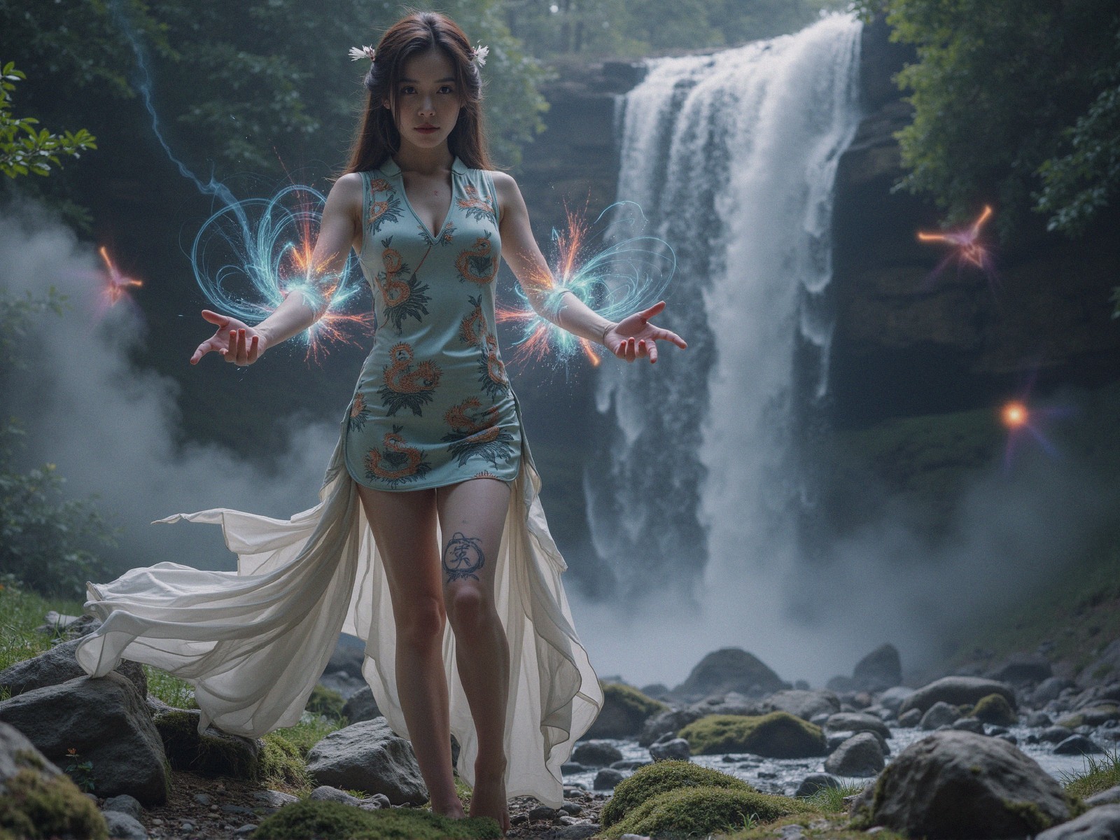 Young woman by waterfall with magical energy display