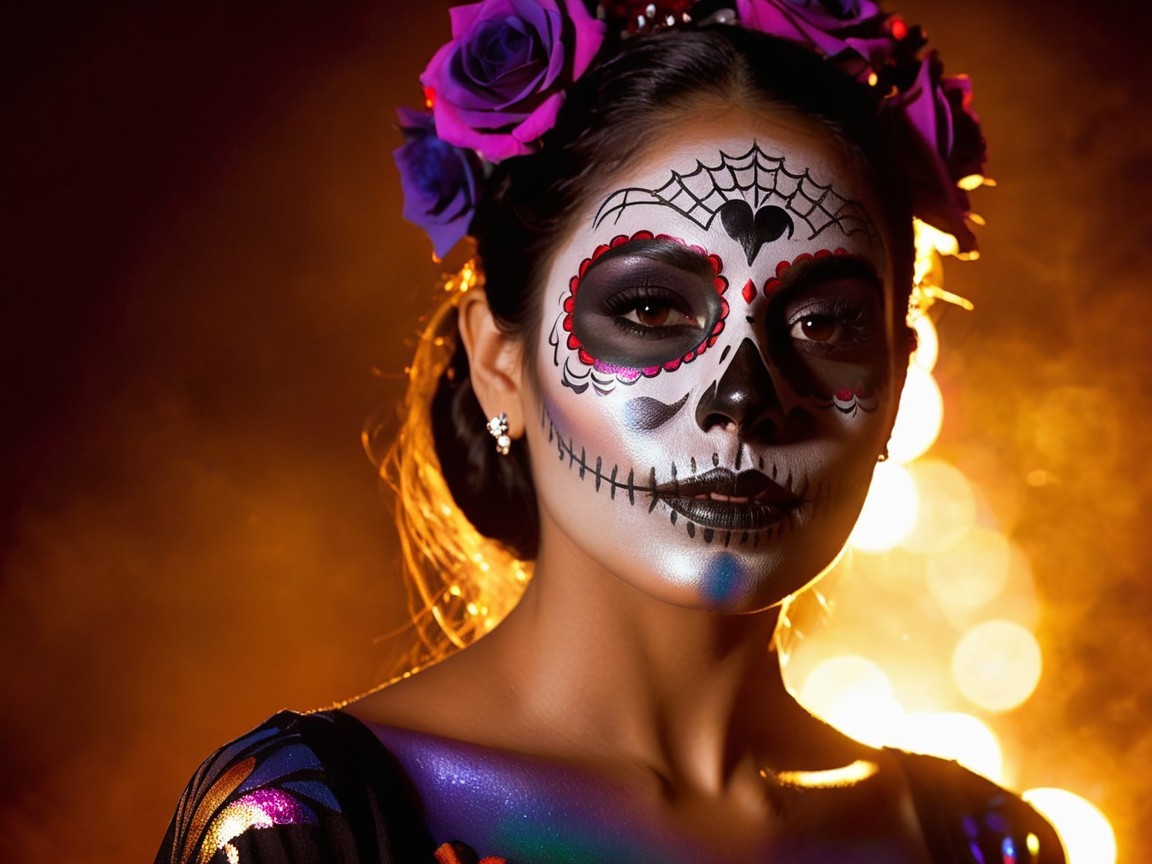 Vibrant Sugar Skull Makeup with Floral Headpiece