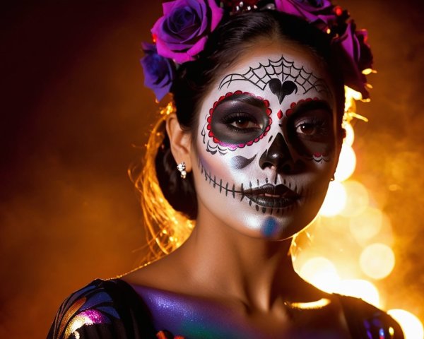 Vibrant Sugar Skull Makeup with Floral Headpiece